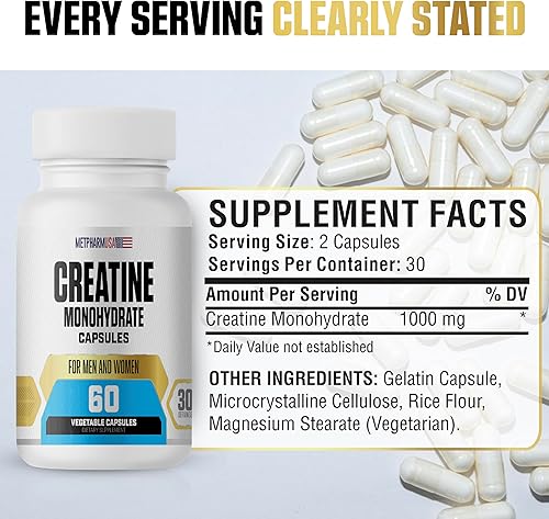 Miniatura 3 de Cápsulas de monohidrato de creatina, 1000 mg, 60 cápsulas vegetales, 30 porciones, para hombres y mujeres