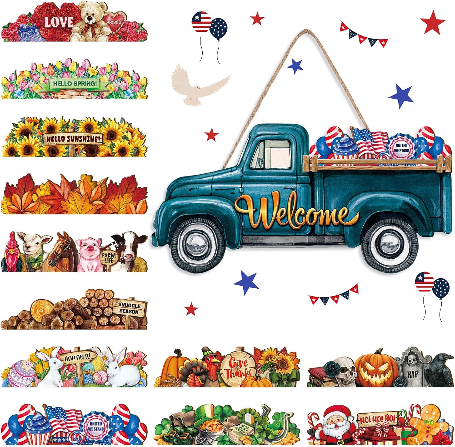 Ferraycle 250th Anniversary Interchangeable Welcome Sign Independence Day Seasonal Truck Decor Door Signs with 12 Holiday Icons Rustic Farmhouse Interchangeable Holiday Decor (Blue, Lateral Style)