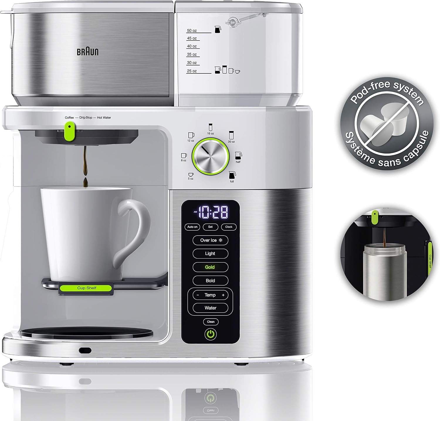 Braun MultiServe Coffee Machine 7 Programmable Brew Sizes / 3 Strengths + Iced Coffee & Hot Water for Tea, Glass Carafe (10-Cup), White, KF9150WH