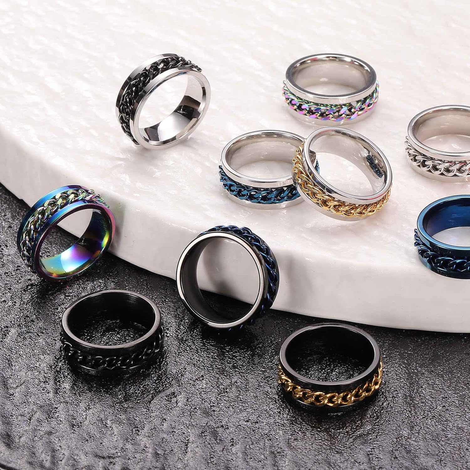 Adults Fidget Ring 0.7" (18mm) Dia. Titanium Steel Chain Rotatable Rings, Metal Band Rings Perfect for Men & Women (Black)