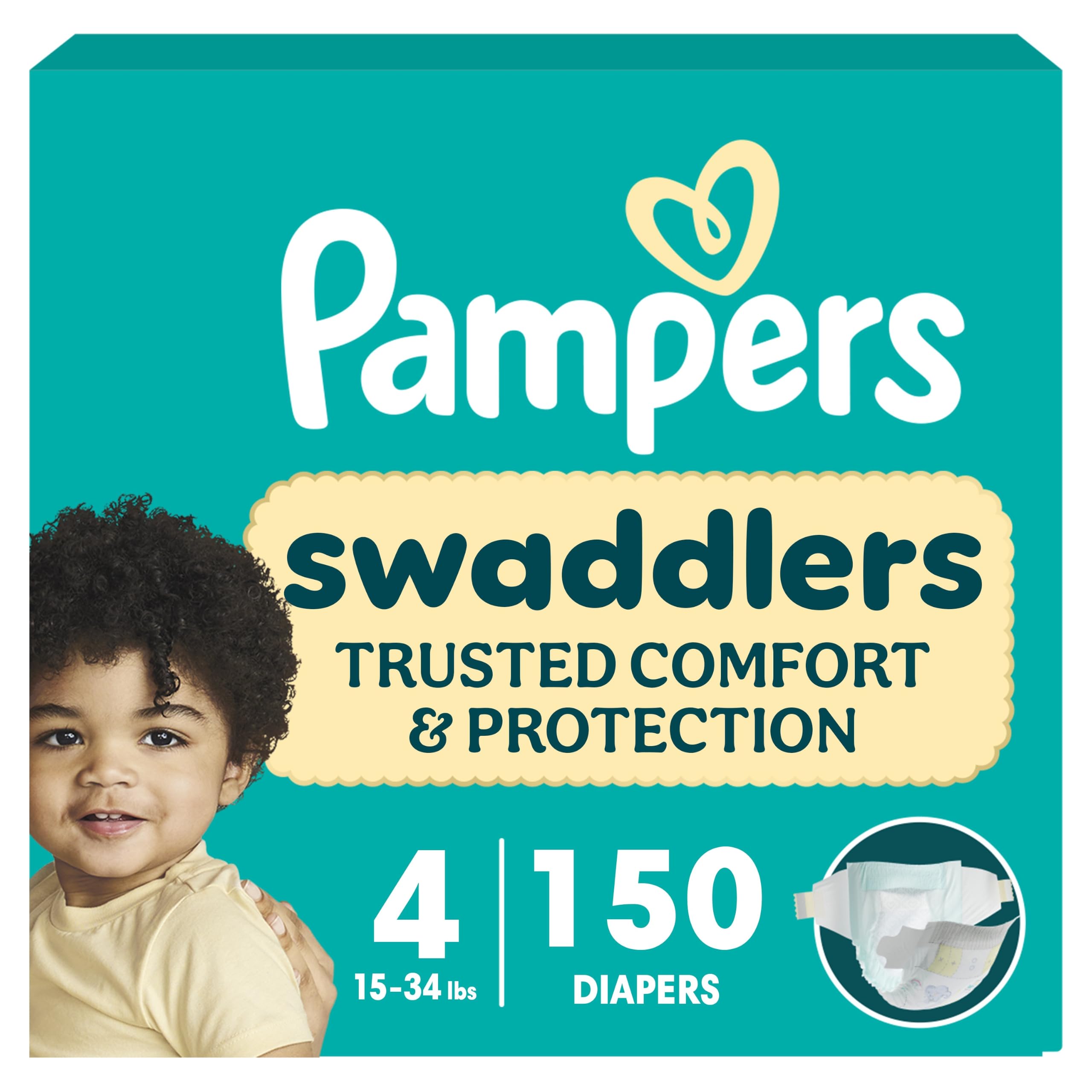 Pampers Swaddlers Diapers, Size 4 (15-34 lbs), 150 Count, Fragrance Free, Hypoallergenic, Absorbent, Pediatrician Recommended, Skin Safe Size 4 150