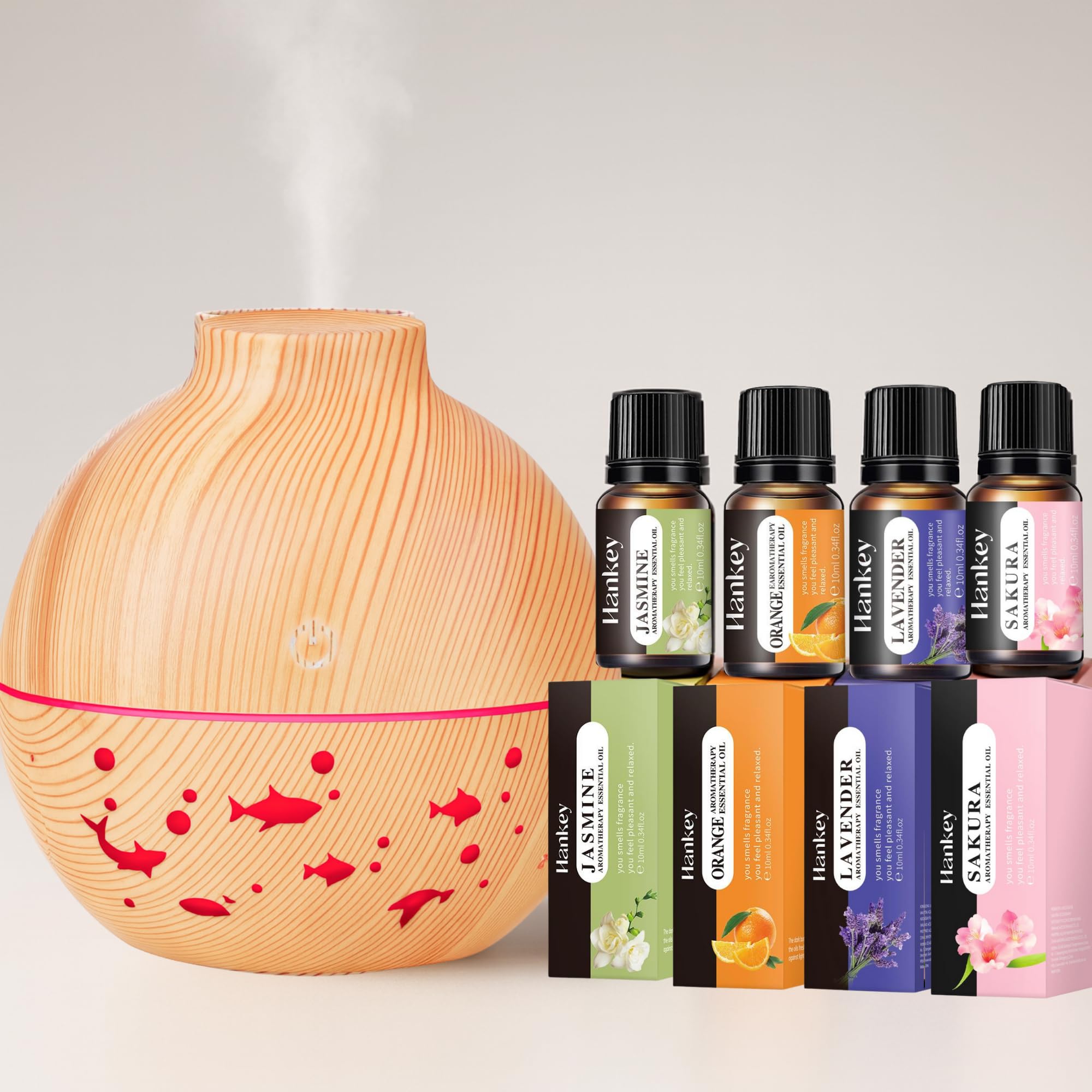 Nest & Nibble Light Wood Essential Oil Diffuser 130Ml + 4×15Ml Oils (Lavender, Sakura, Jasmine & Orange) Ultrasonic Cool Mist Aromatherapy Diffuser & Humidifier 7 Led Lights (Light Wood)