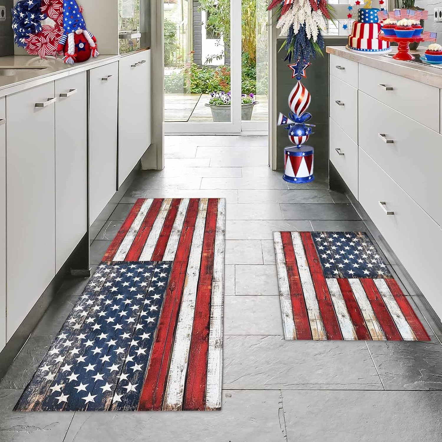 2 Pieces Kitchen Rugs and Mats,Retro USA Flag on Shabby Wood Area Runner Rug Set Non Slip Floor Doormat Washable Carpet Standing Mat for Kitchen Sink Indoor Corridor,4th of July Star Stripe Wooden
