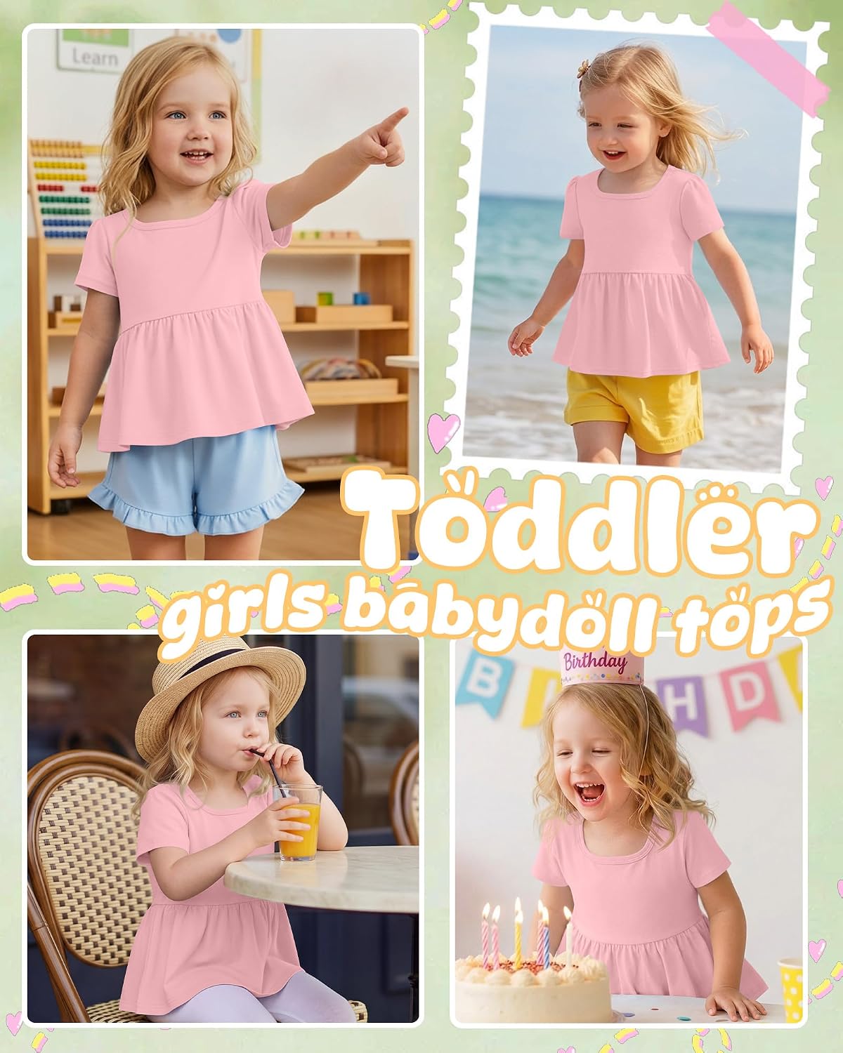 Toddler Girls Tops Short Sleeve Square Neck Shirts Flowy Peplum Babydoll Tunic Tees Summer with Ruffle Hem 18M-5T