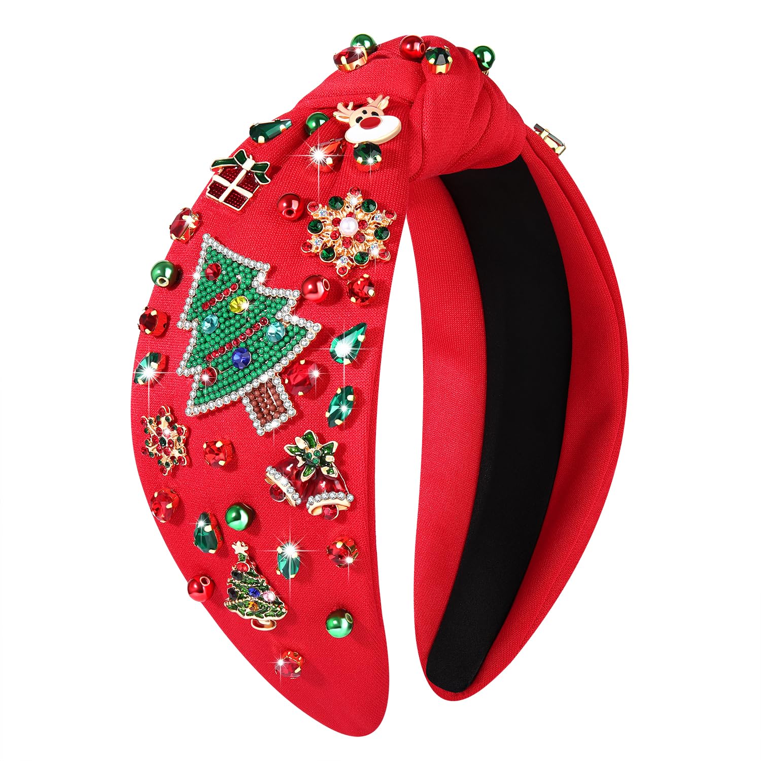 Jeweled Plaid Embellished Crystal Pearl Knotted Wide Top Knot Headband for Women - Holiday Hair Accessory Gift (Big Xmas Tree 4)