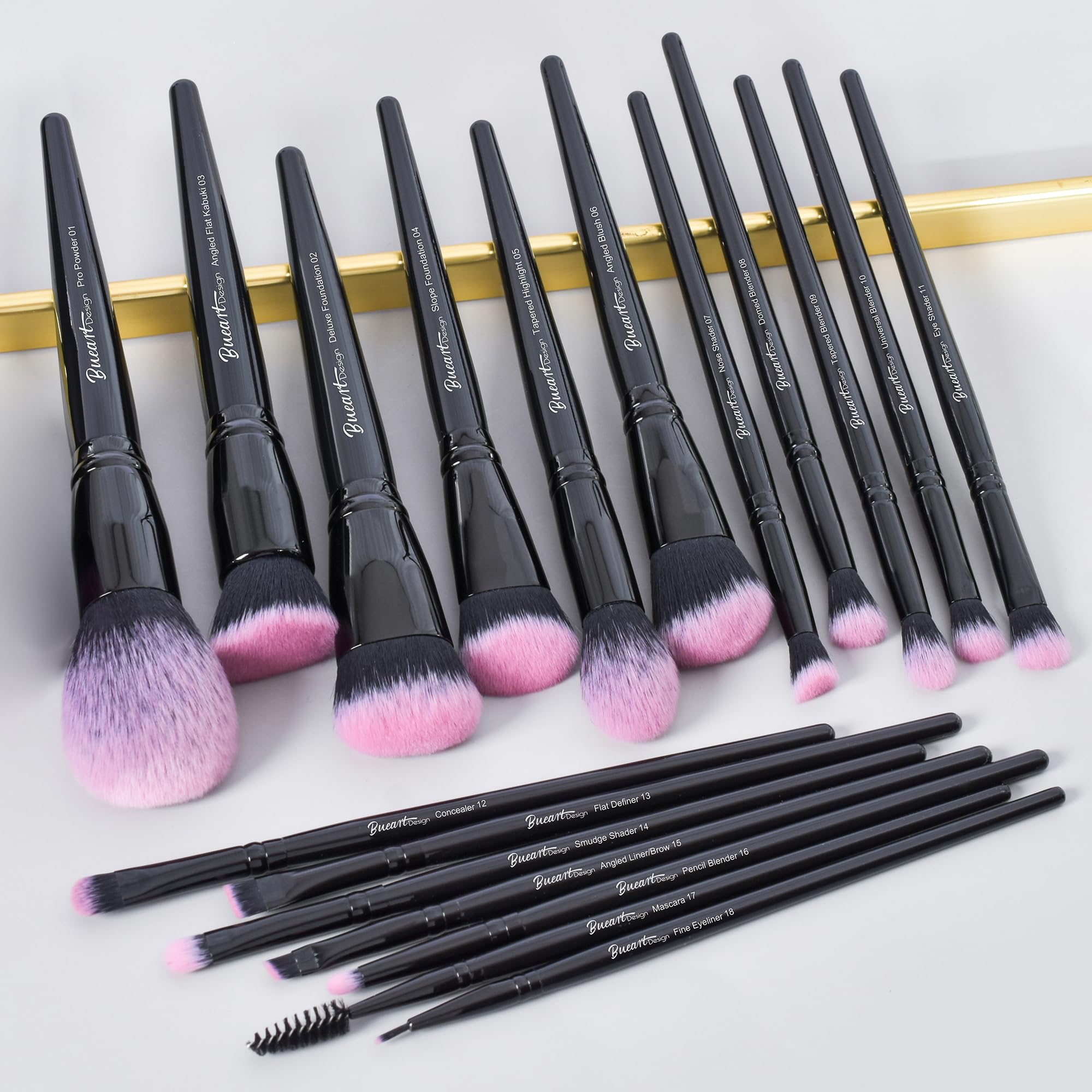 Bueart Design Juego de 18 brochas de maquillaje Pro Deluxe fucsia rosa negro con estuche de viaje para brochas de maquillaje, base, corrector, contorno, rubor, sombra de ojos, juego de brochas de