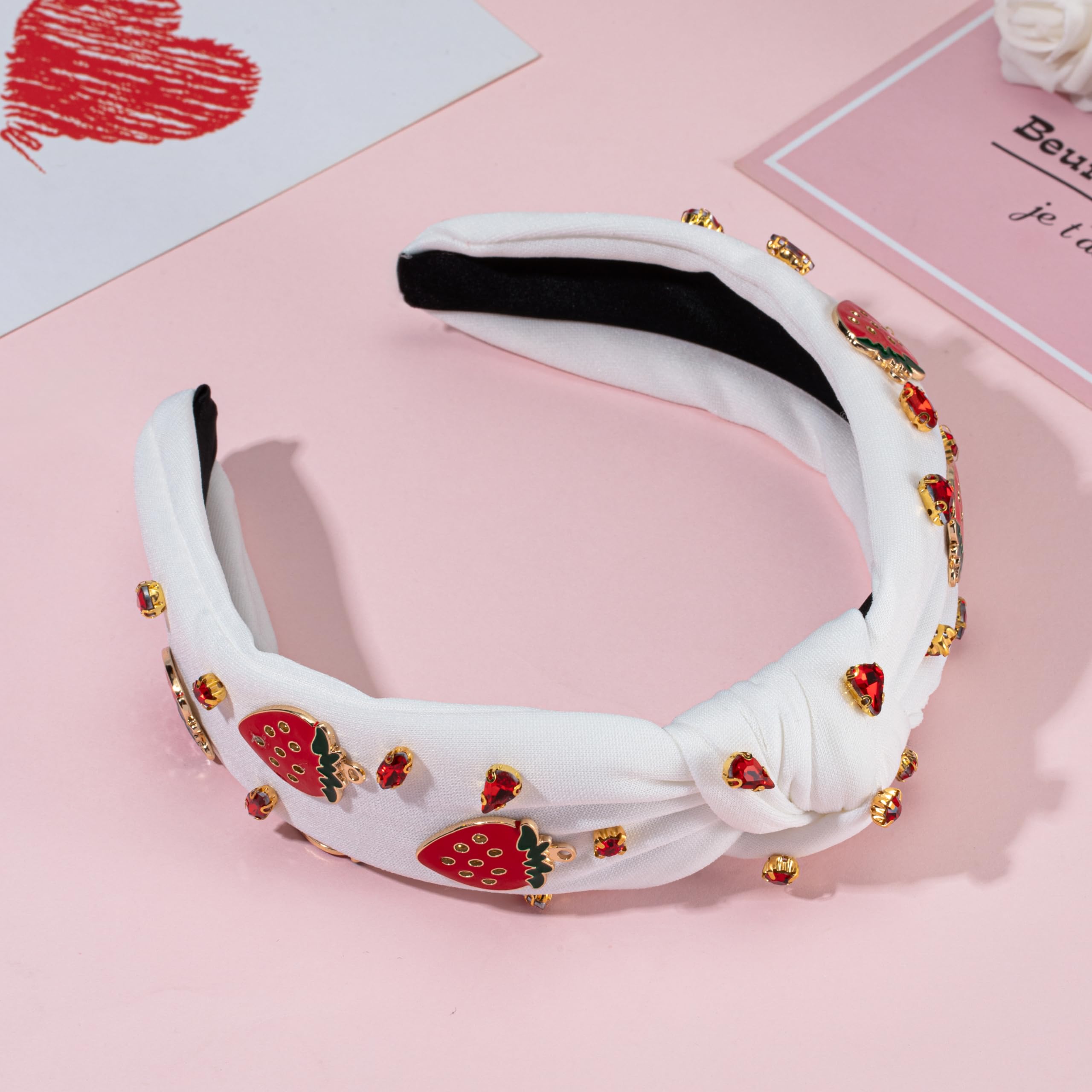 Serre-tête noué en forme de fraise en cristal rouge scintillant pour femmes et filles - Accessoires pour cheveux - Accessoires de vacances d'été, plage, piscine, fête - Cadeaux (fraise-blanc)