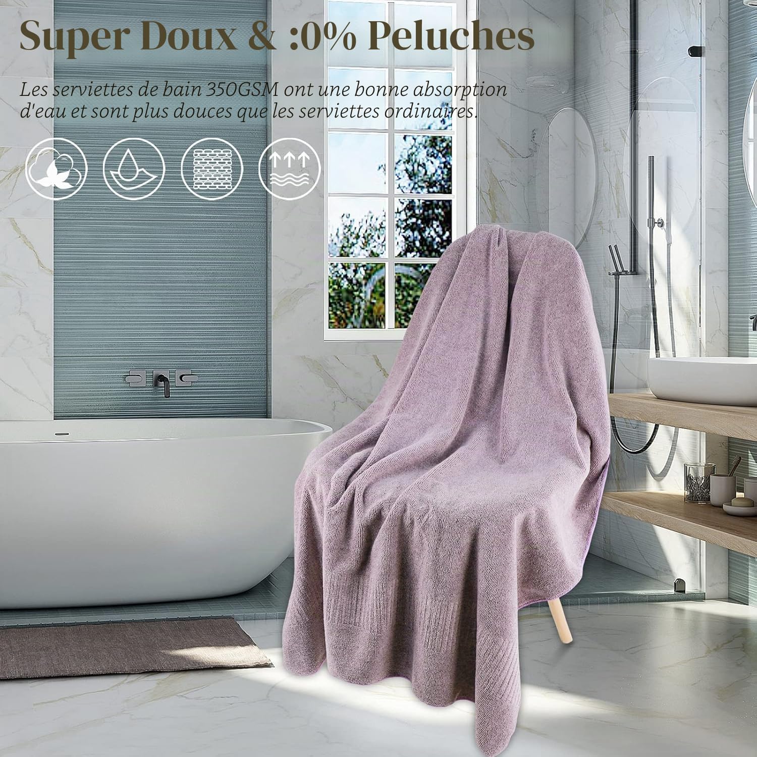 SEISSO 2 Serviettes de Bain Bambou 88.9x160 cm Grand Format, Extra Douces, Haute Absorption, Séchage Rapide, Couleur Violette XXL