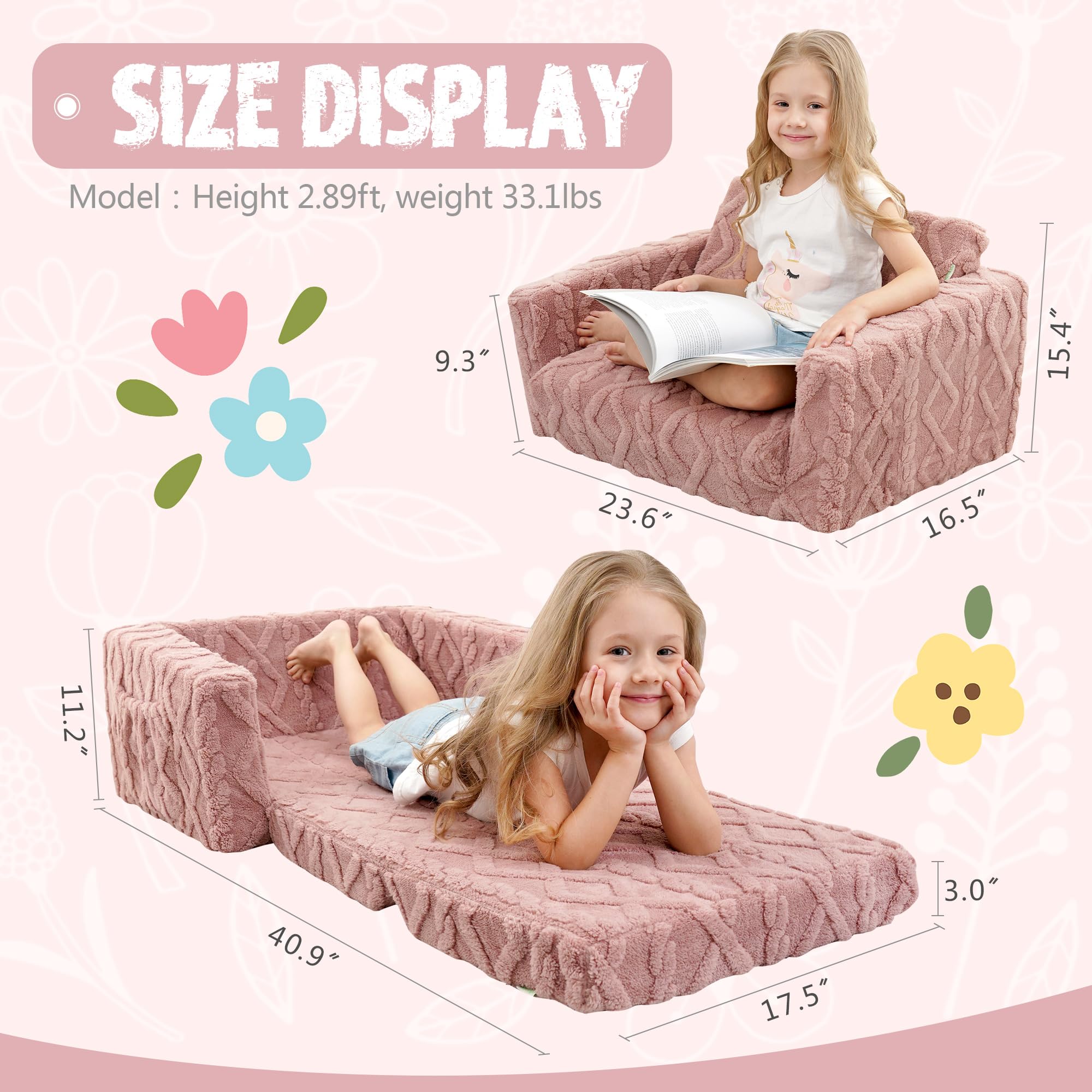 Sofá y tumbona plegable 2 en 1 para niños, silla convertible de franela suave, sofá abierto para niños (rosa) 3