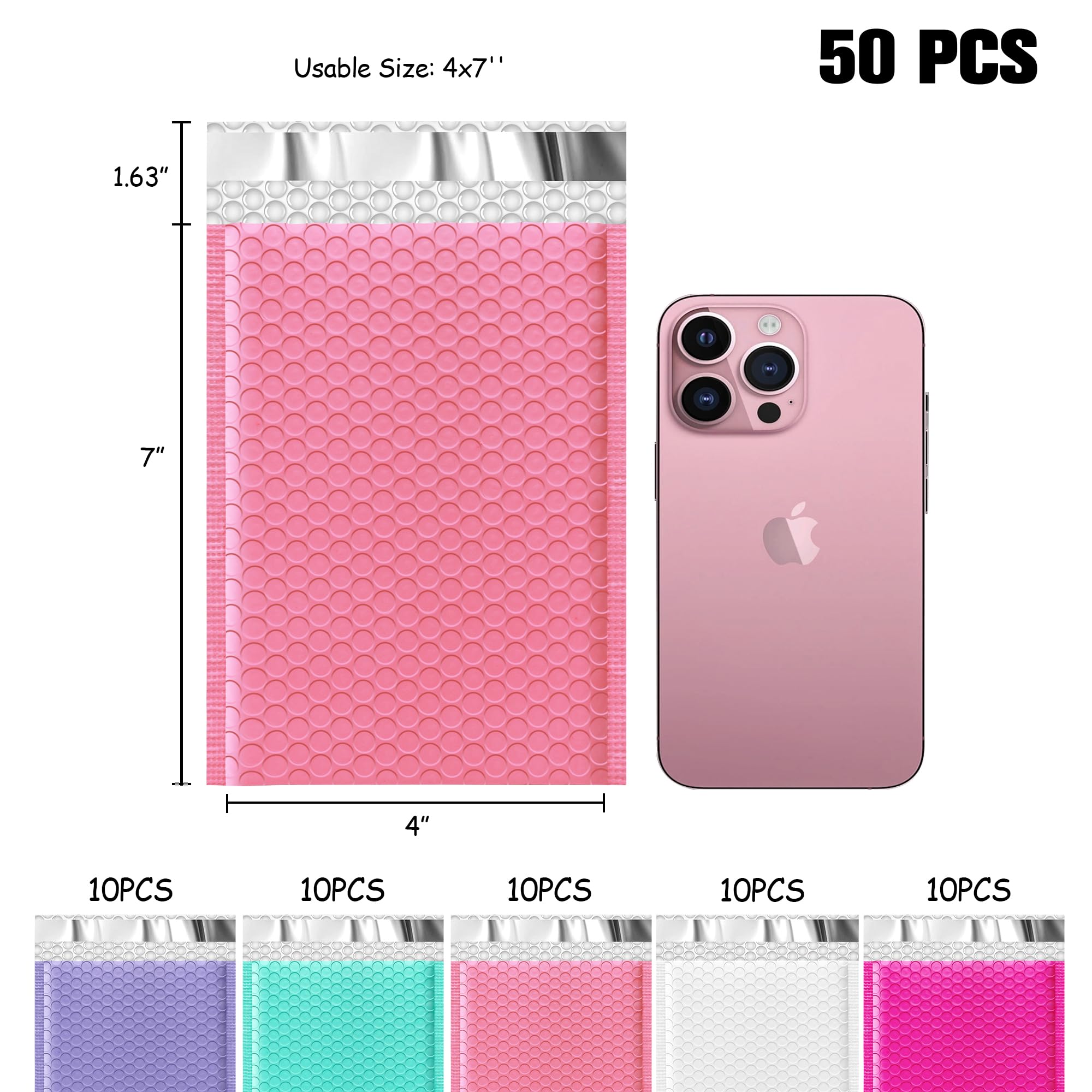 JinRuiKJ Multicolored1 - Buste imbottite con bolle d'aria, 10,2 x 20,3 cm, confezione da 50, per gioielli, trucchi, colore: rosa, bianco, verde, viola, rosso rosa
