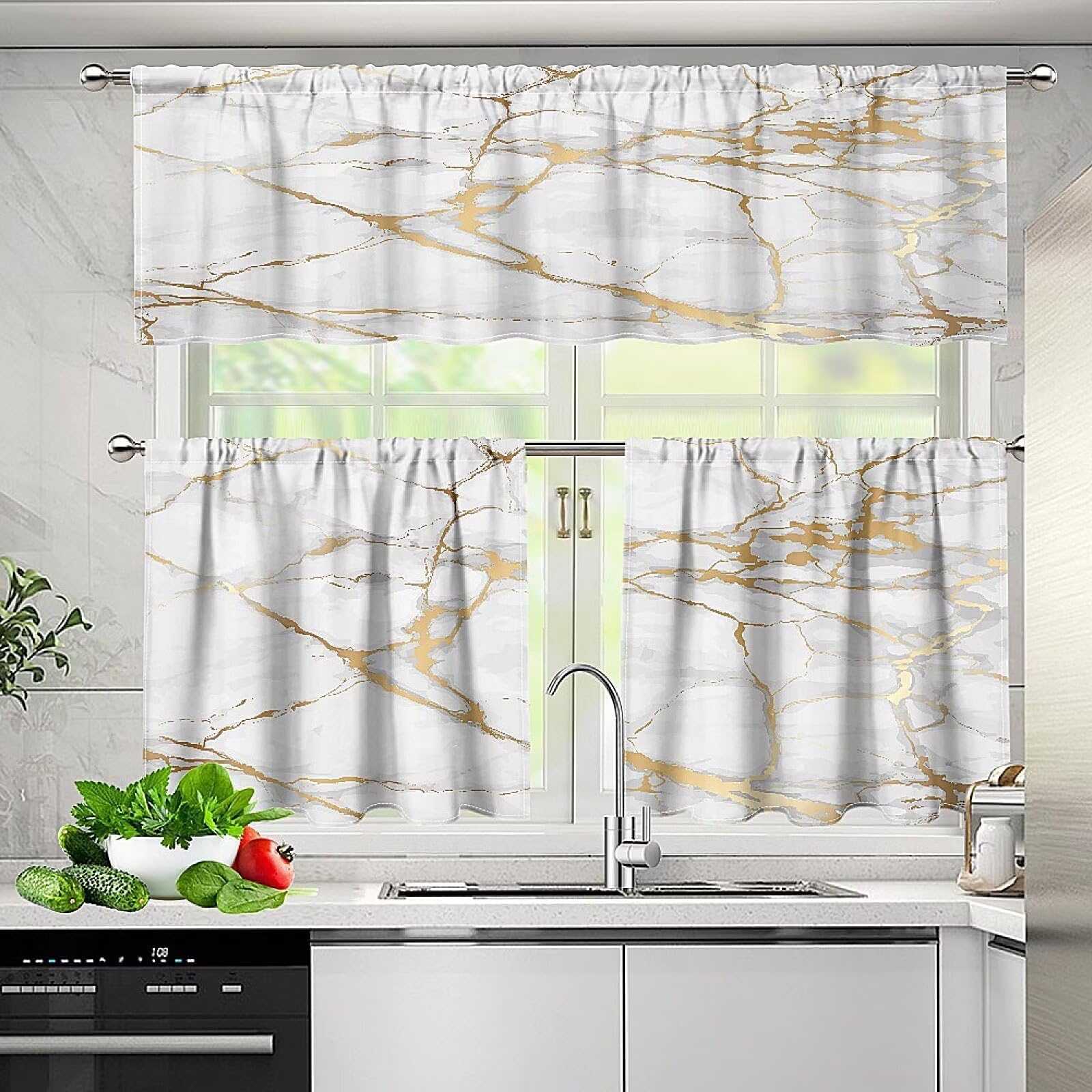 Amazon.com: Samanca Gold White Marble Kitchen Curtains Valances and ...