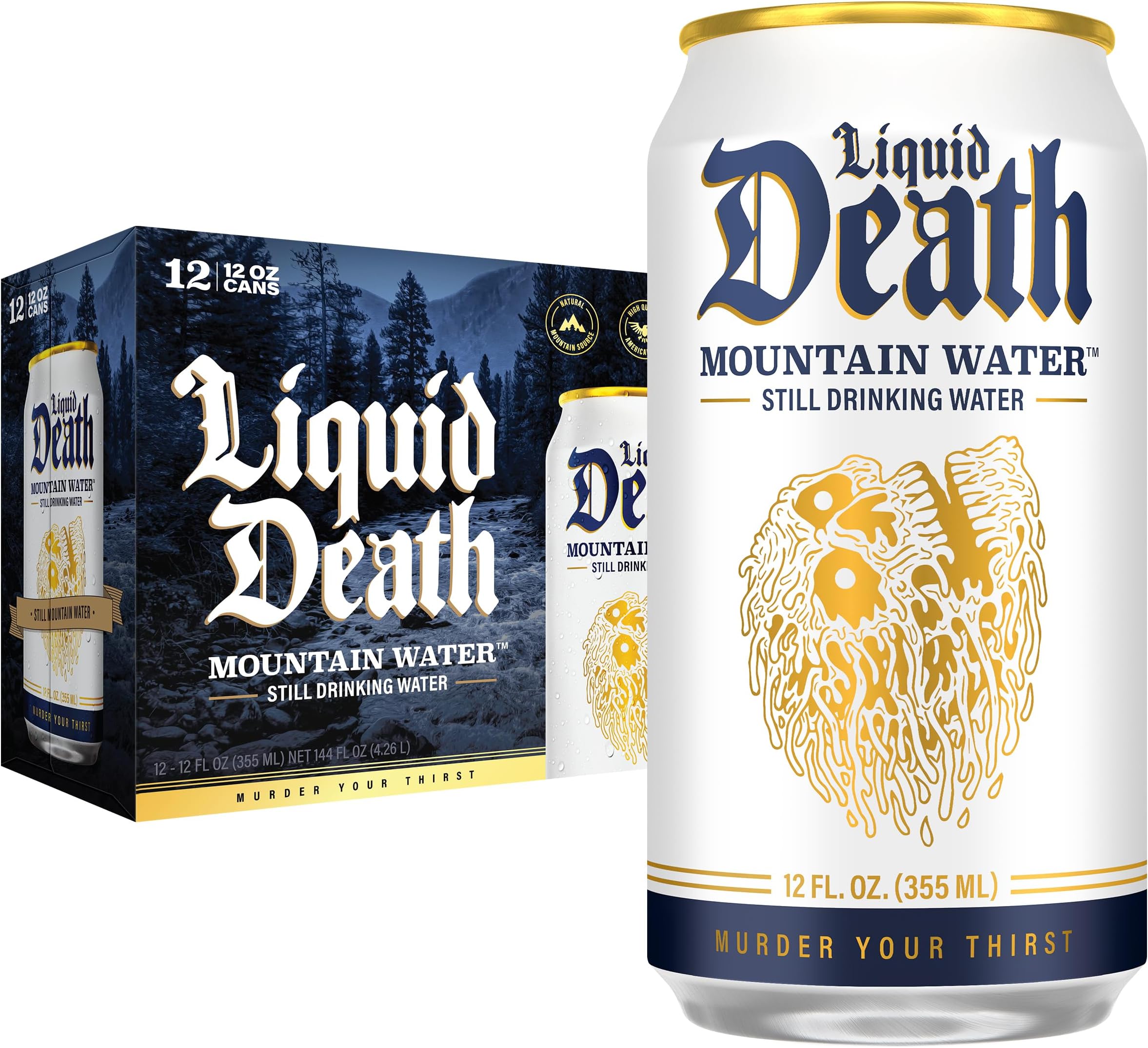 Liquid Death, Still Mountain Water, 12-Pack (12oz Cans), Real Mountain Source, 100% American Made