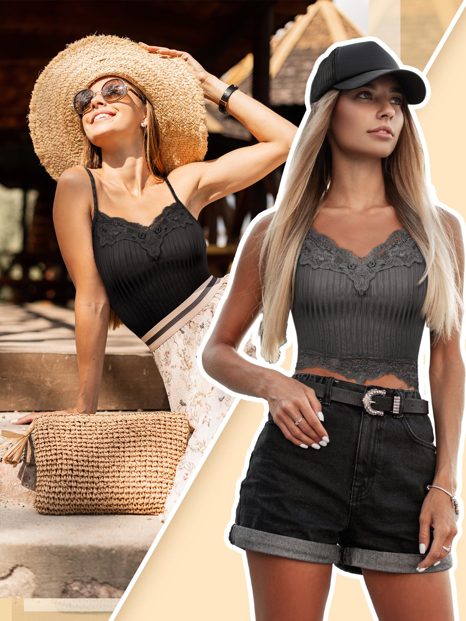 Geyoga 8 Canotte Corte in Pizzo Canottiera Y2K Donna Scollo a V Top Corto a Costine in Patchwork Cami Top