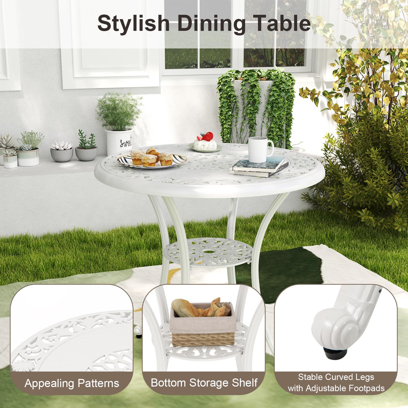 KOMFOTTEU Juego de Muebles de Jardín para 4 Personas, Conjunto de 4 Sillas y 1 Mesa con Agujero para Sombrilla, Juego de Bistró de Aluminio Fundido para Terraza, Balcón