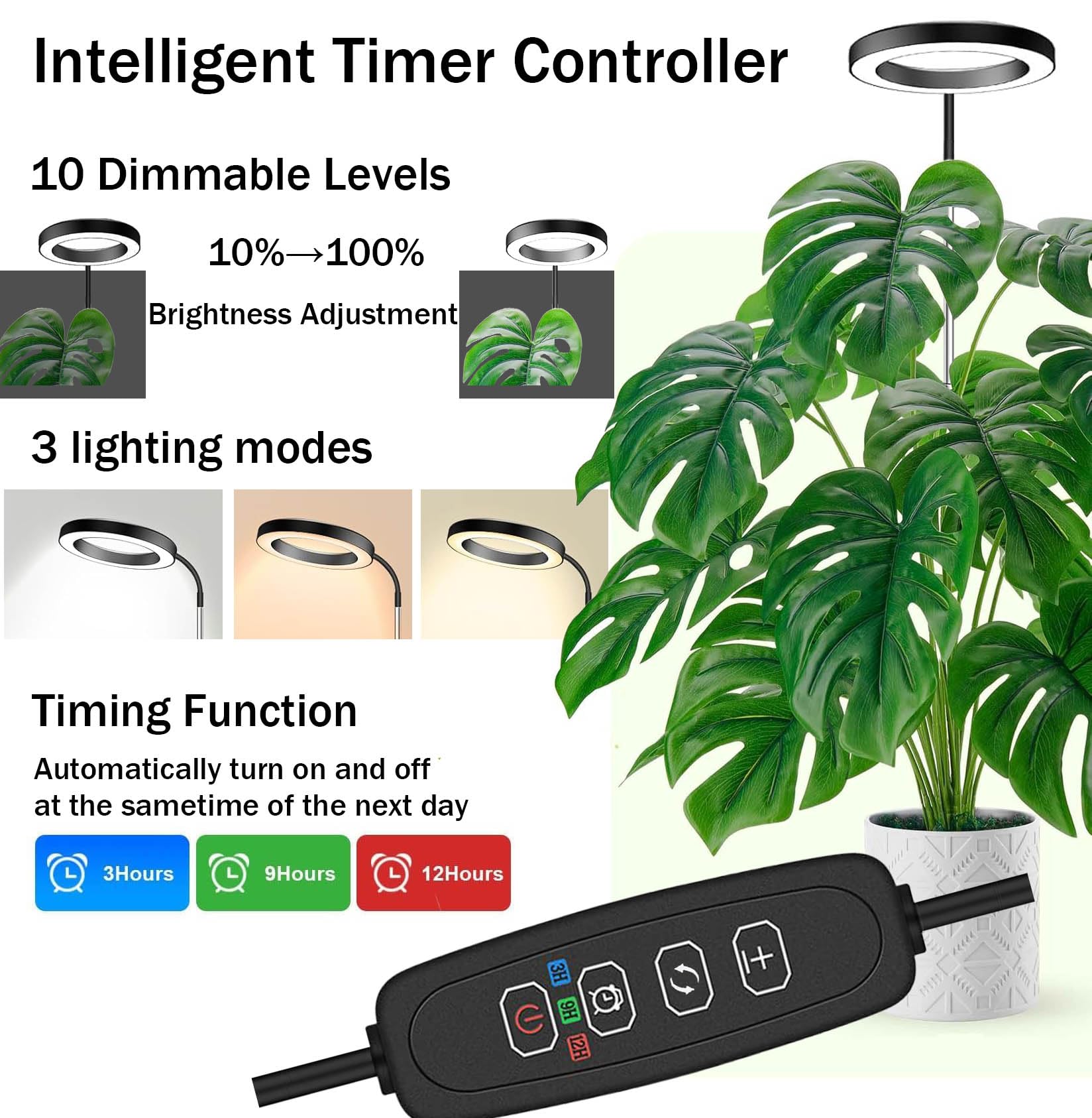 Luz de crecimiento para plantas de interior, luz LED de espectro completo de 6.3 pulgadas, lámpara de crecimiento ajustable de 11.8 a 63 pulgadas de altura con temporizador automático de 3