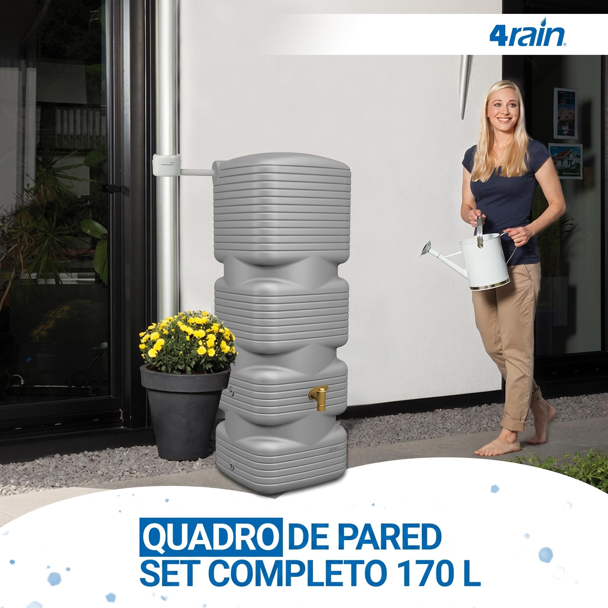 4rain Quadro Set Completo depósito Mural de Agua de Lluvia 170 L Gris hormigón Incl. Grifo de plástico y conexión al bajante