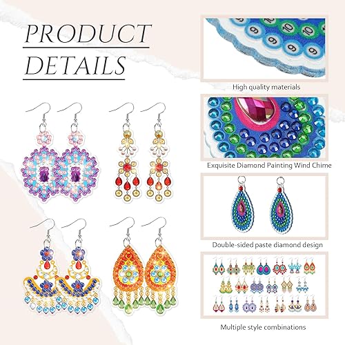 Miniatura 6 de Kigeli Juego de 20 pares de aretes de pintura de diamantes para la fabricación de joyas, aretes colgantes bohemios 5D para manualidades, dijes