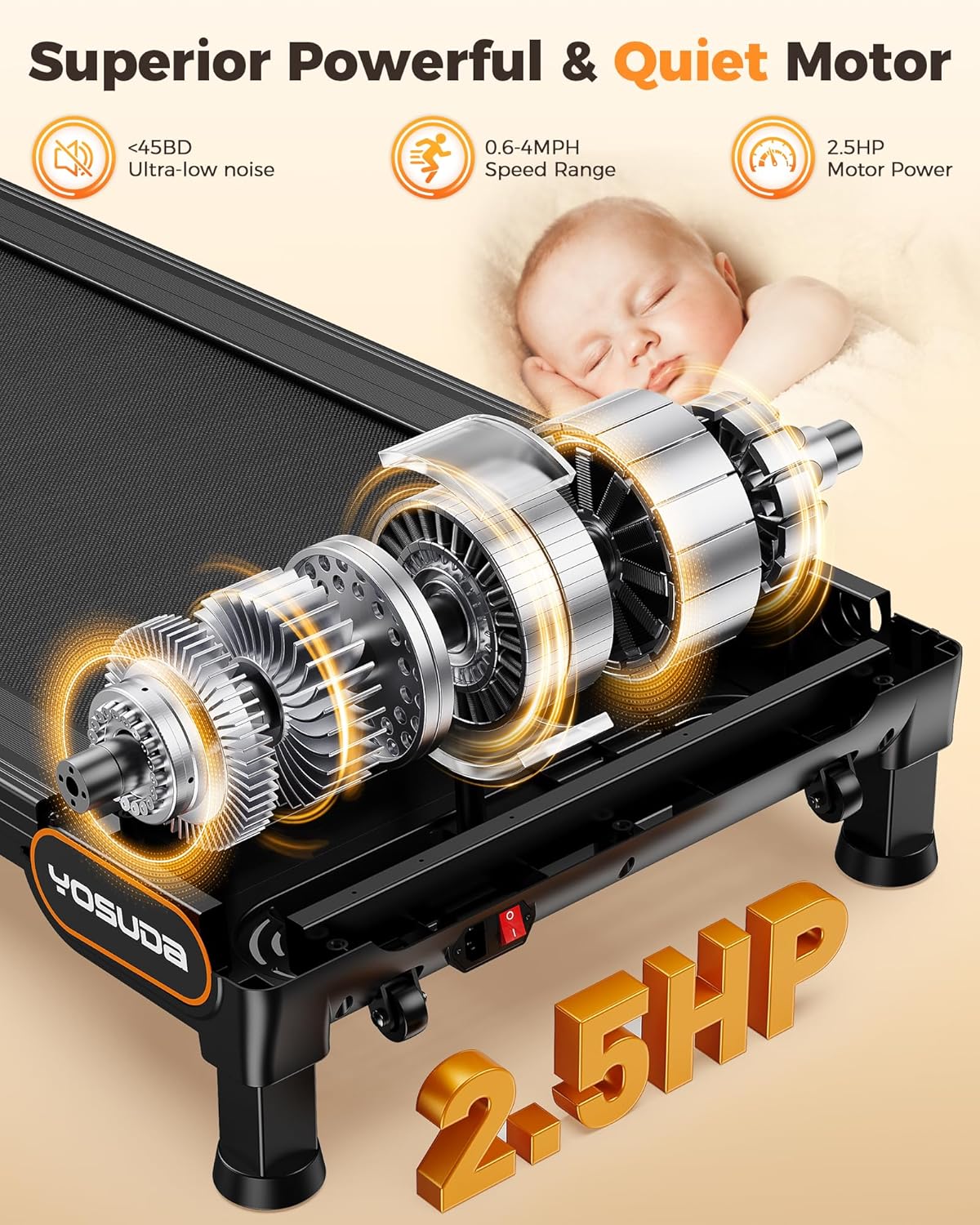 Imej yang menunjukkan butiran view motor 2.5 HP dan komponen dalaman YOSUDA Walking Pad Treadmill, dengan bayi yang sedang tidur di latar belakang untuk menekankan operasi yang senyap.
