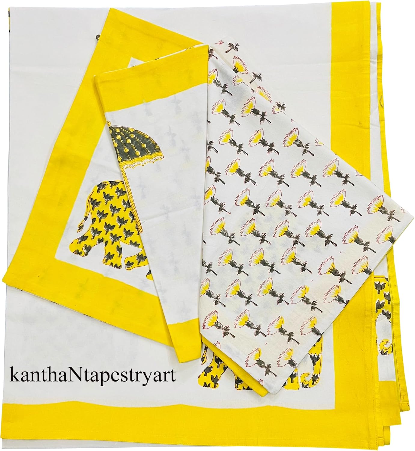 Generic kanthaNtapestryart Jaipuri Printed Floral Print 100% Pure Cotton Hand Block Print Bedsheet with 2 Pillow Cover Block Printed Flat Sheet (King/Queen Size 90x108 Inch)