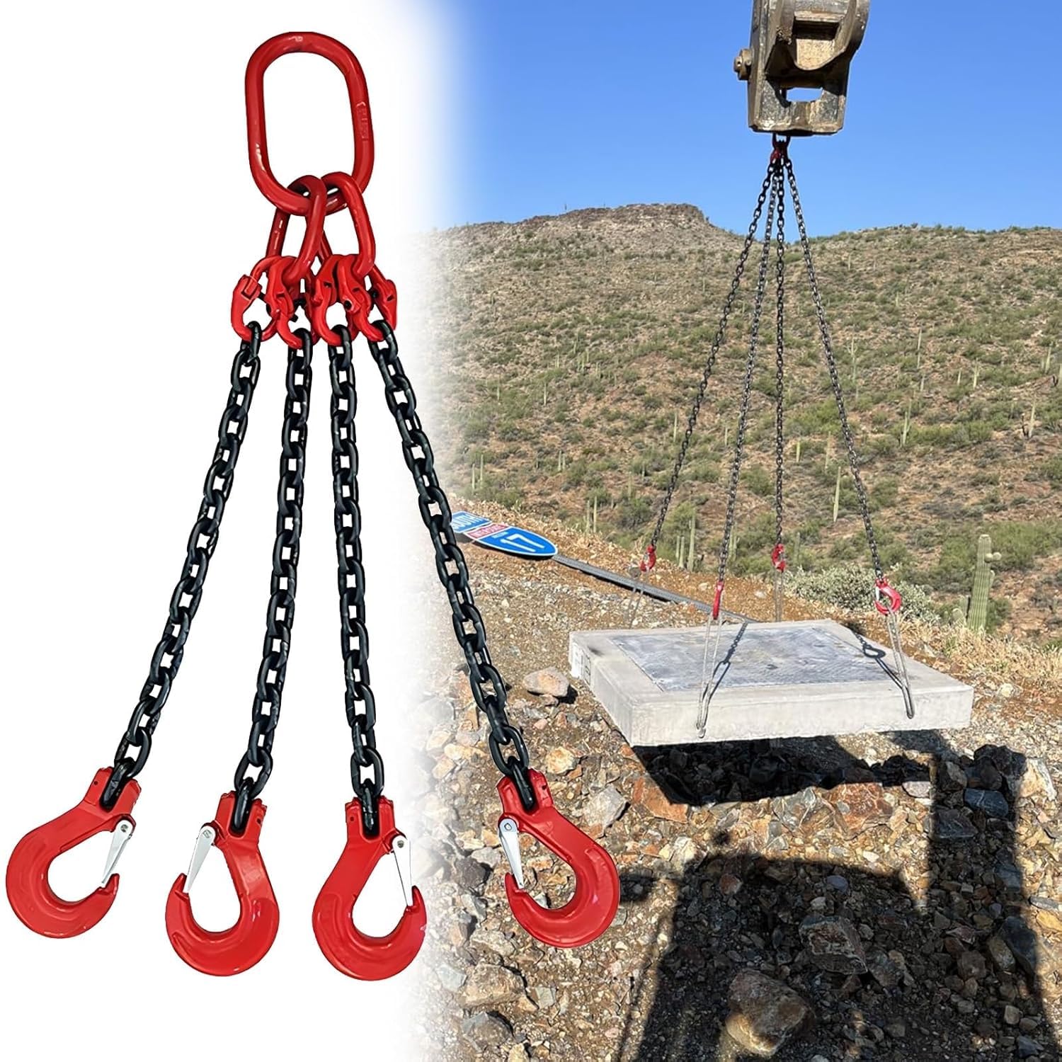 Hochfeste 4-Wege-Anschlagkette mit Haken, 2T/3T/5T-Hebeketten for Bewegen schwerer Geräte, for sicheren Abschleppen und Handling von Ladung(5 T,1m)