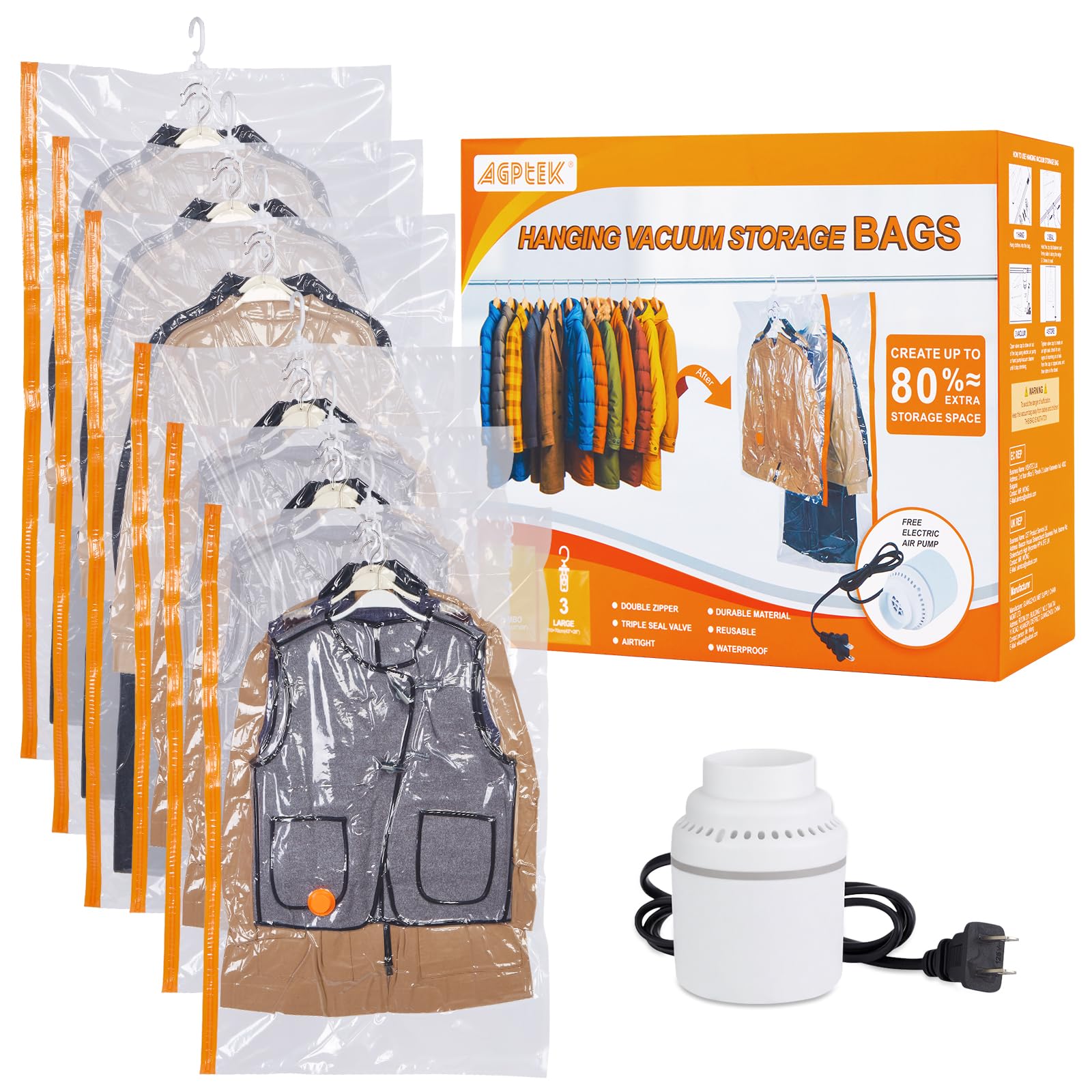 AGPTEK 6 Bolsas Vacío Colgantes para Trajes y Abrigos con Bomba Eléctrica, Ahorra 80% Espacio, Material PA+PE 8 Mil Reutilizable para Viaje y Almacenamiento Ropa