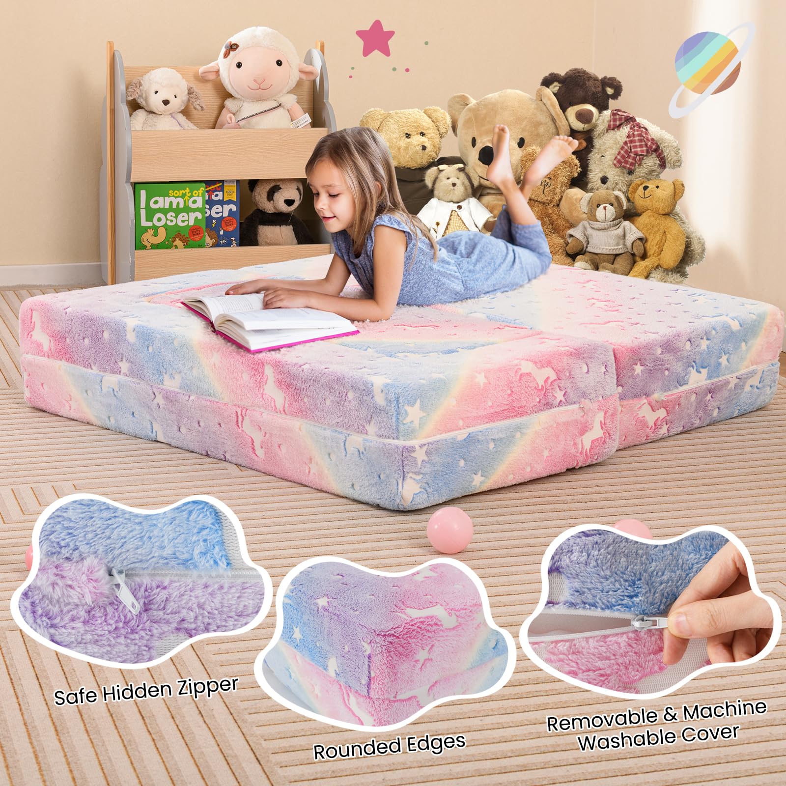 Costzon Kids Couch Set Convertible, 2 Seat Toddler Chair Glow in The Dark, Fold Out Children Sofa Couch, Bedroom Playroom Furniture for Toddlers, Comfy Foam and Floor Cushion Gift for Boys Girls 3+