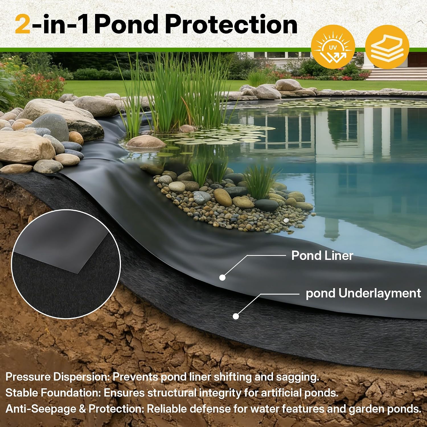 Heavy Duty Pond Liner Underlayment Combo - 10 X 15ft Non Woven Geotextile Fabric & 20 mil Pond Liners for Outdoor Ponds, Fish/Koi/Garden/Lifeguard Pond Liner