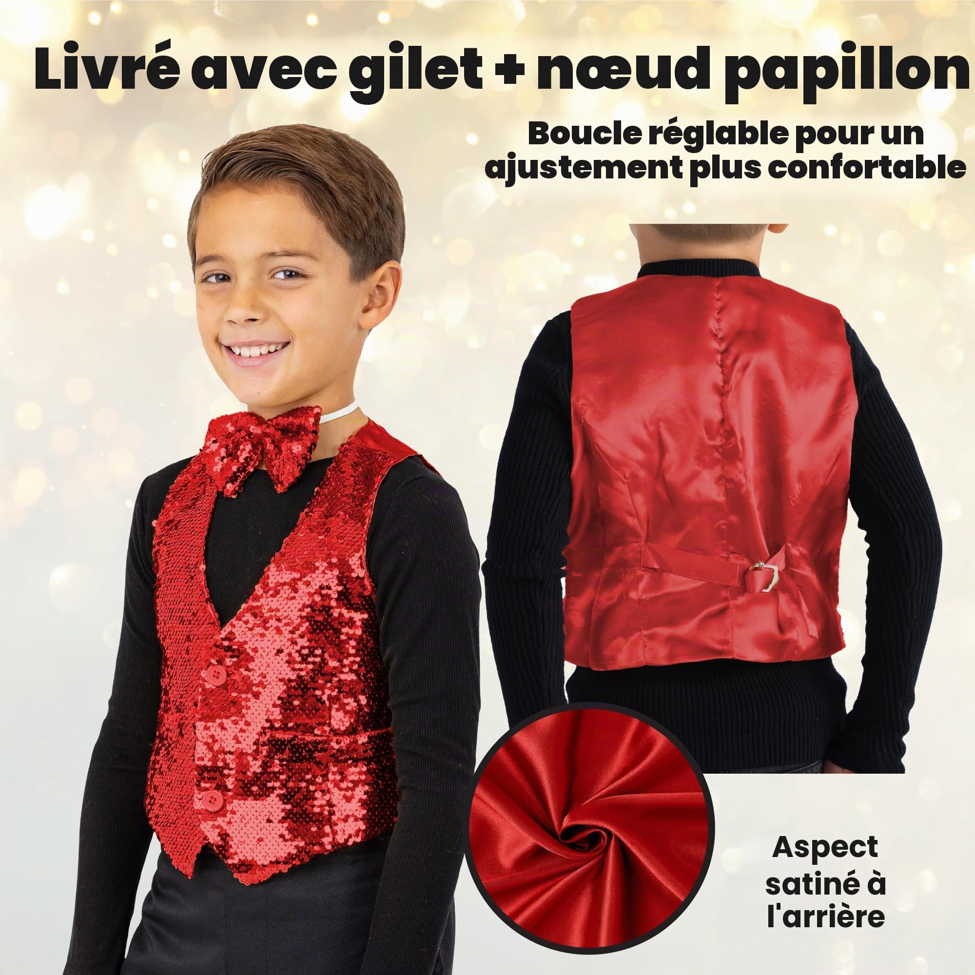 Dress Up America Gilet À Paillettes Avec Nœud Papillon - Gilet Scintillant Pour Garçons - Gilet De Fête Costumée Pour Enfants - Gilet À Paillettes Pour Garçons