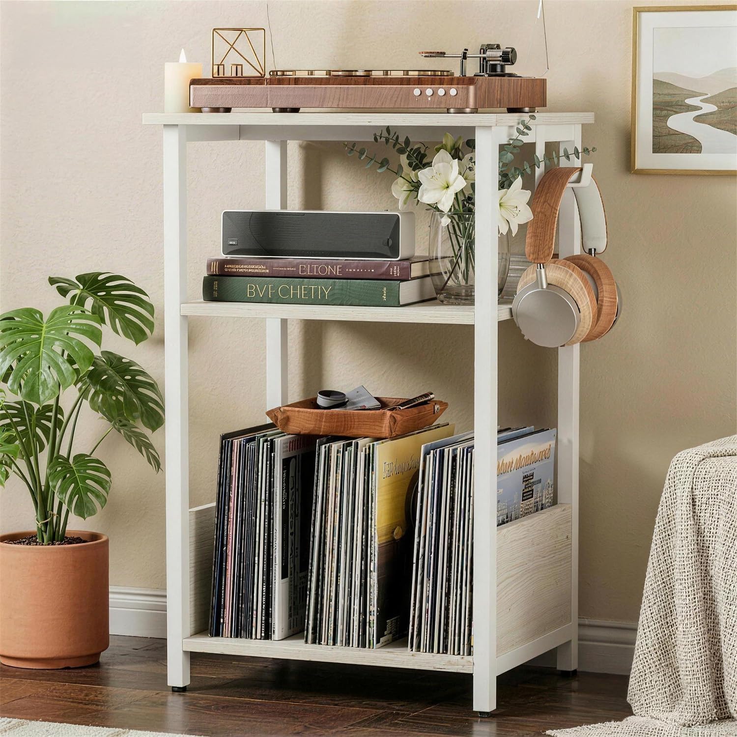 3-Tier Record Player Stand & Vinyl Storage Cabinet – Turntable Side/End Table with Album Rack | Modern Heavy-Duty Media Console Furniture for Living Room, Bedroom | Rustic Wood Finish