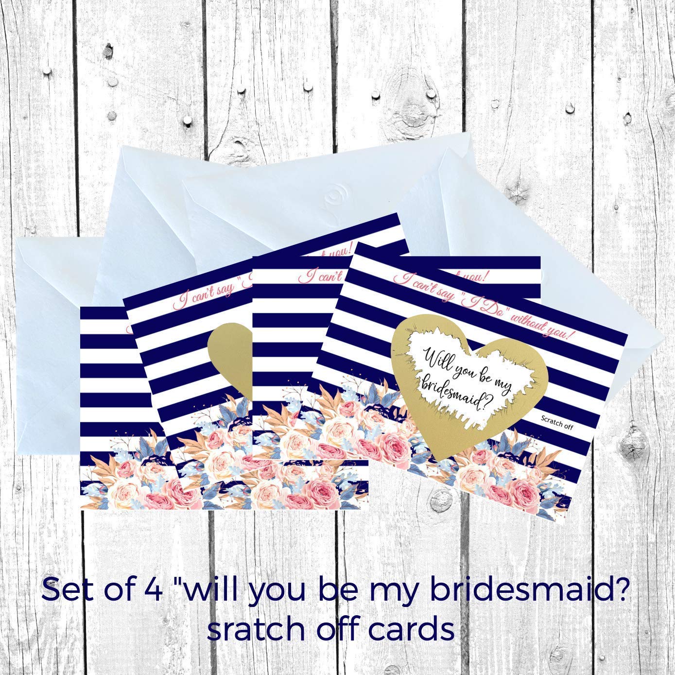 Will you be my Bridesmaid Card SET of 4, Ask Bridesmaids Cards, Scratch off Cards, Will you be my Bridesmaid Card - Floral Blue Striped Bridesmaid Proposal Cards