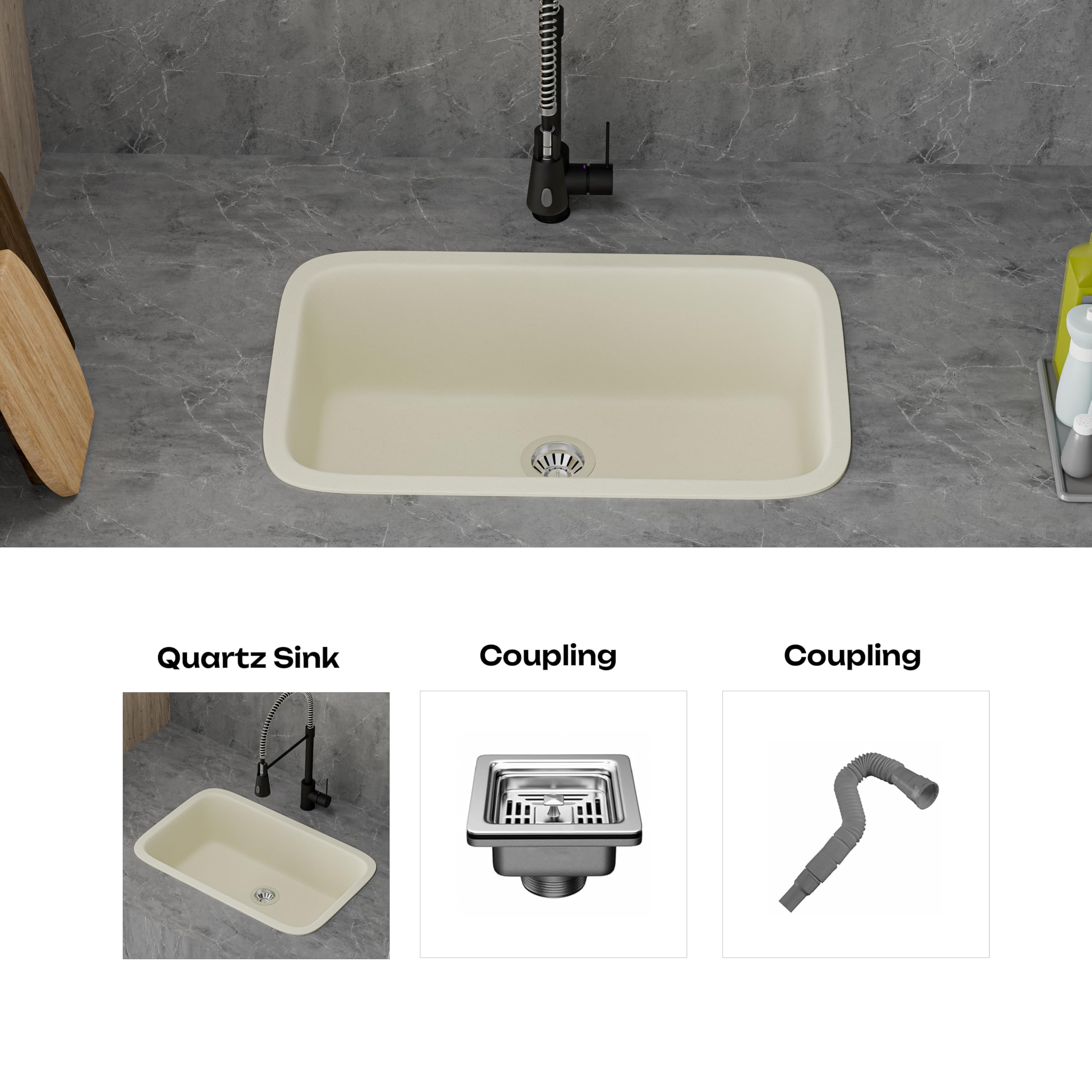 HISRE Quartz Single Bowl Kitchen Sink with Round Corners | 31x19x10 Inches | Noise Reducing Durable Easy to Clean Scratch Resistant Kitchen Sink for Modern Homes | Crema, photo 5 of 5
