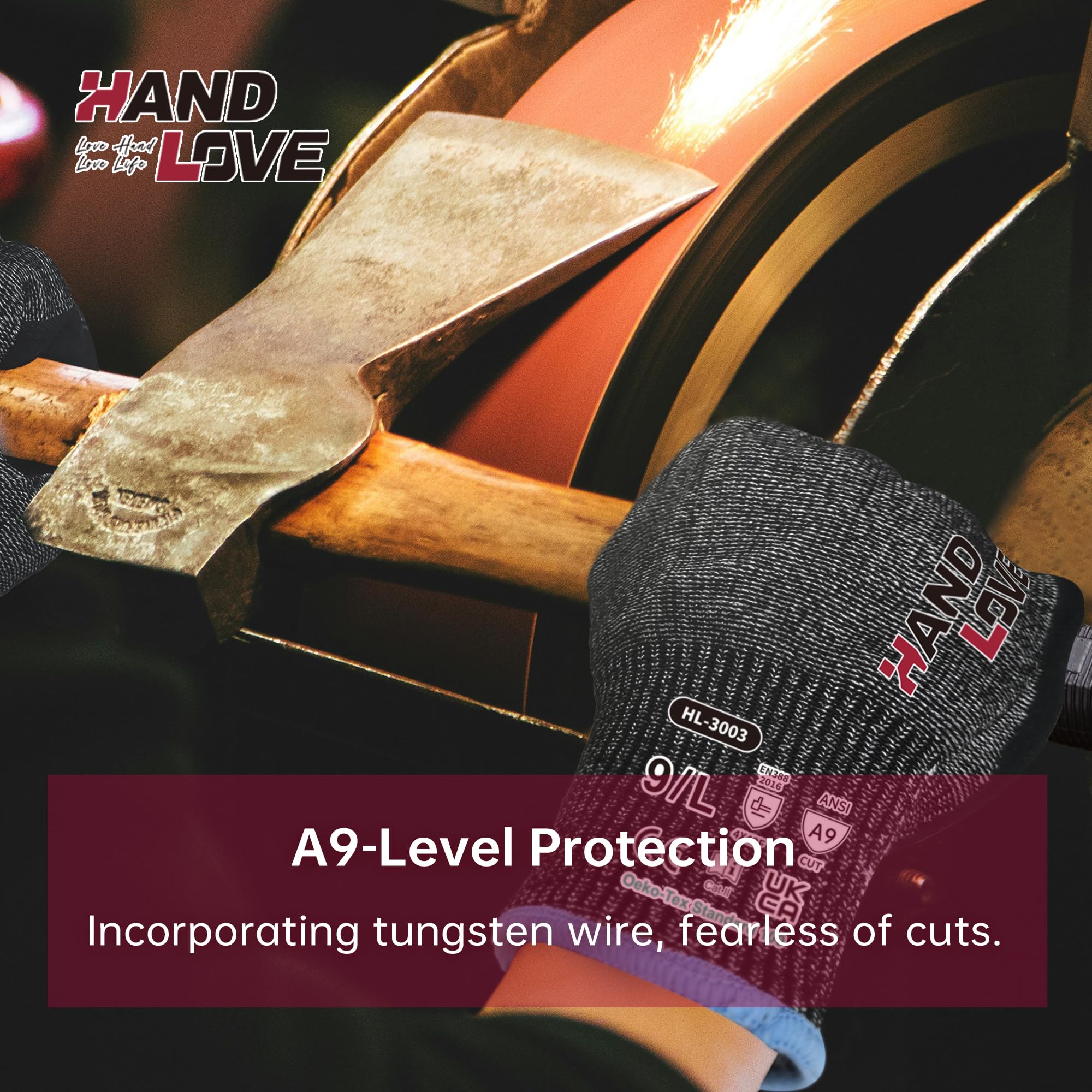 HandLove Guantes resistentes a los cortes, guantes de trabajo de seguridad ANSI A9 a prueba de cortes, nitrilo arenoso, antideslizantes, talla de madera, jardinería, pesca, corte de vidrio, reparación