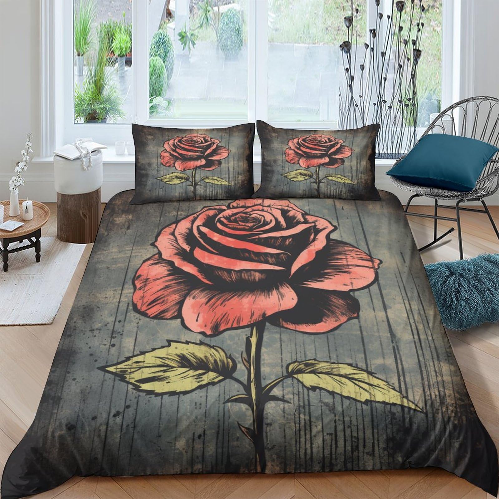 Housse de couette 220x240 cm style vieilli roses anciennes avec taies d'oreiller lit king size
