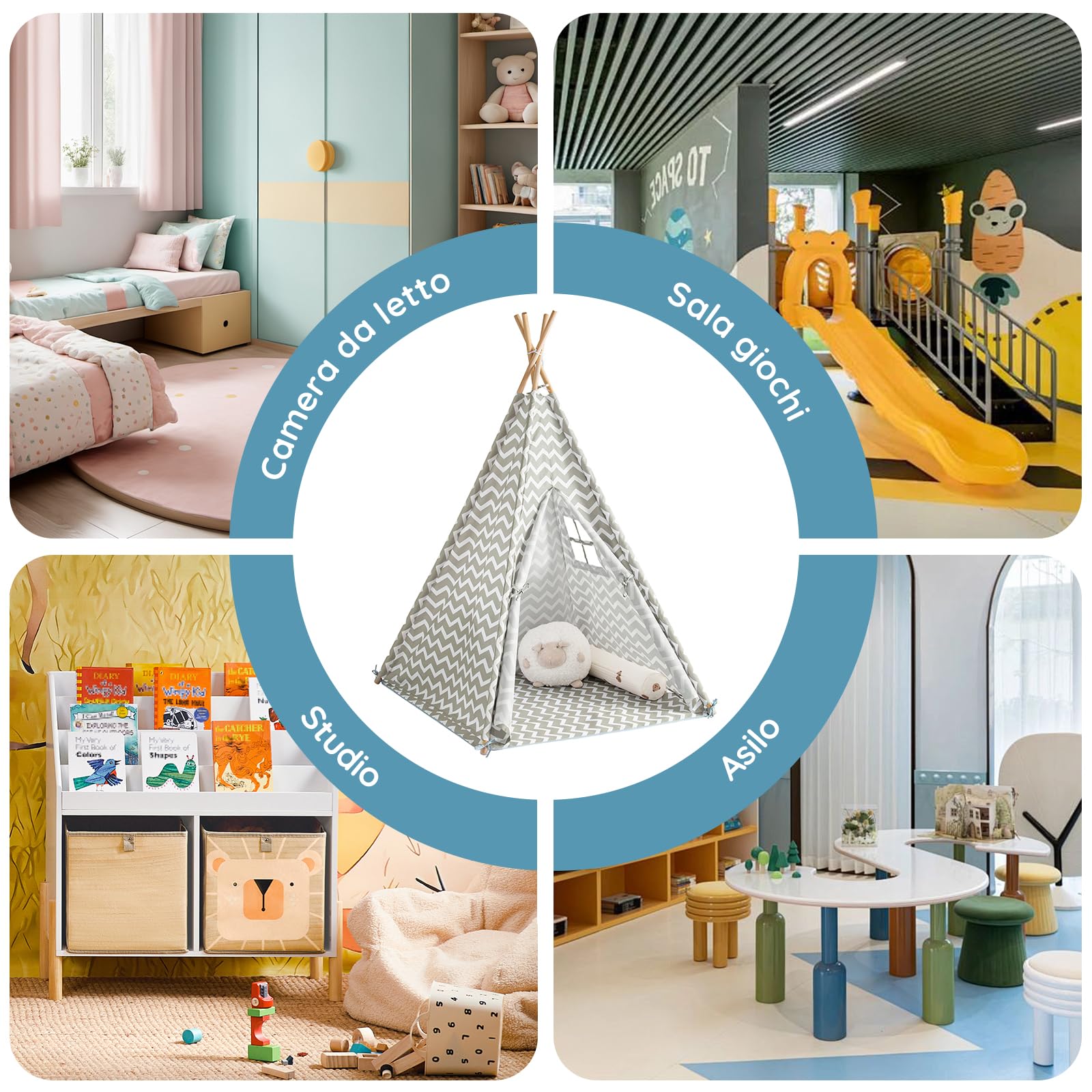SoBuy Tenda Tipi Bambini 109x109x165cm Cameretta | casetta gioco con tappetino, finestra e tenda apribile, struttura in pino OSS03