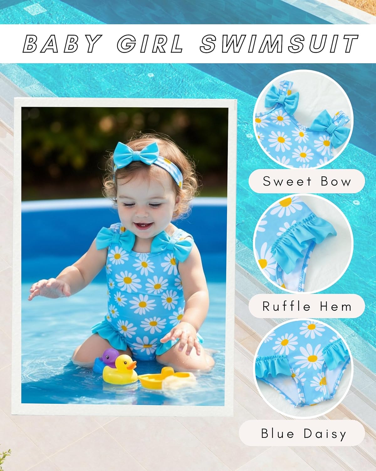 Baby Girl Swimsuit Infant One-Piece Bathing Suit Cute Summer Beach Tankini Bikini Ruffle Bow Toddler Swimwear with Hat - Image 3