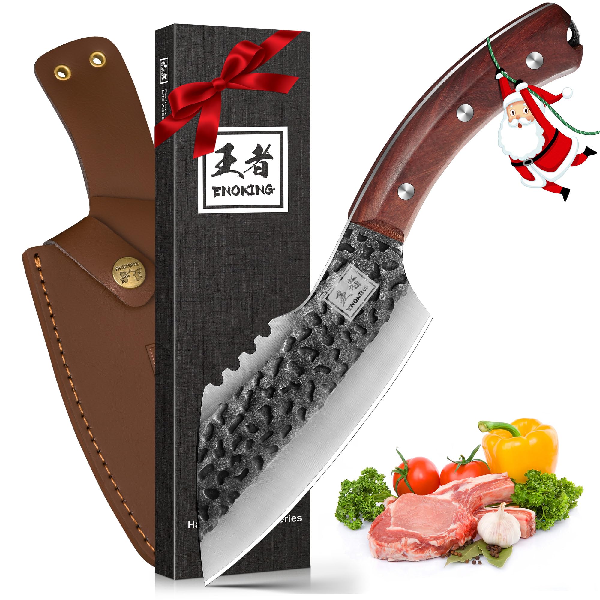 ENOKING 6.1 Inch Hand Forged Chef Knife, High Carbon Steel Butcher Knife with Leather Sheath, Full Tang Camping Cooking Knife for Meat Cutting, BBQ, Kitchen, Outdoor, with Gift Box