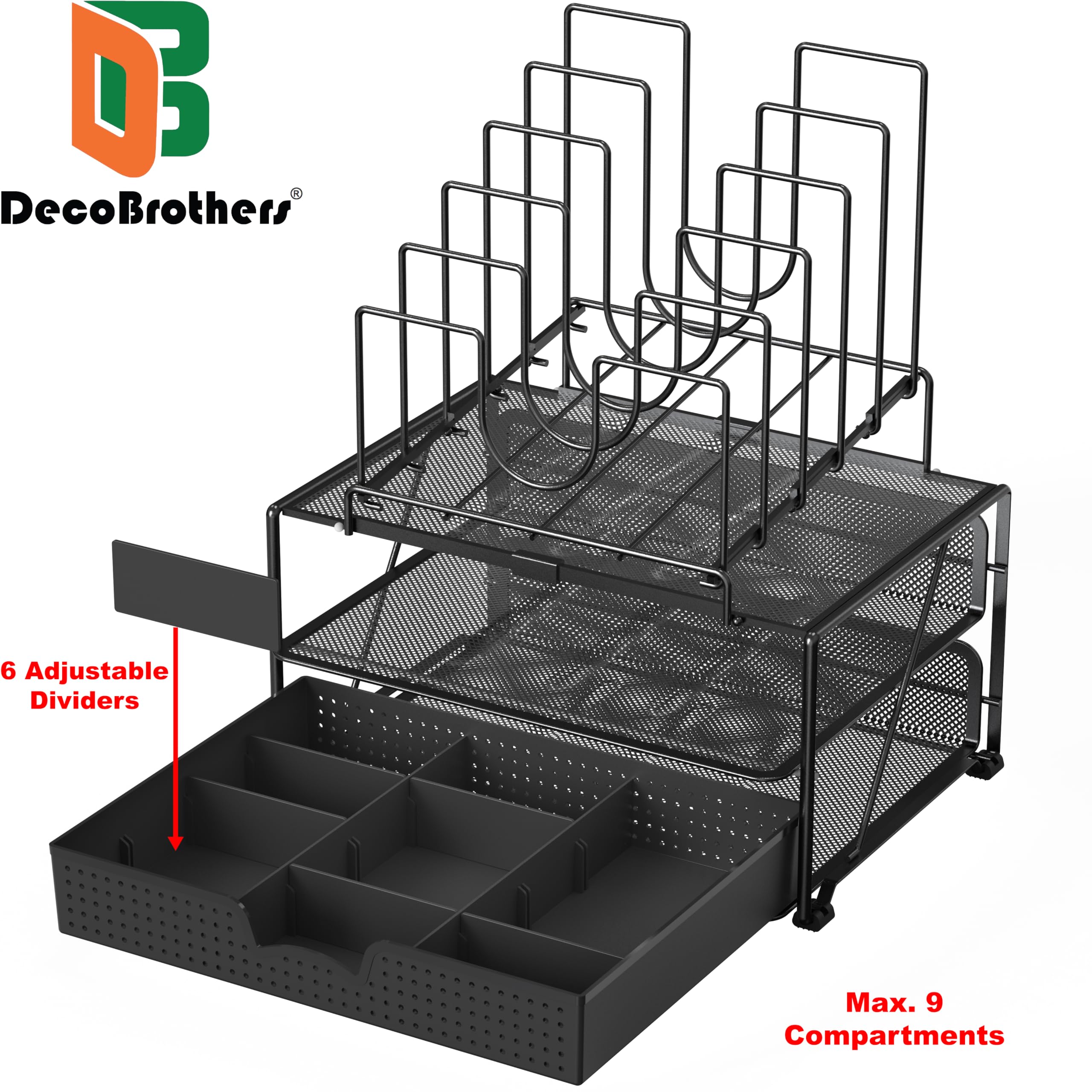 DecoBros - Organizador de escritorio con doble compartimento y 5 compartimentos apilables, color negro