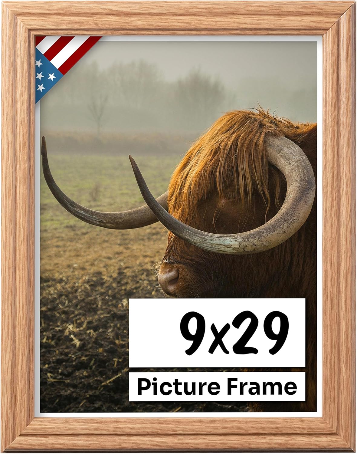 Oak 9x29 Picture Frame .75" Inch Wide - Faux Oak Decor Handmade Solid Wood Frames with Preinstalled Hangers and UV Blocking Plexiglass 29x9 Frame