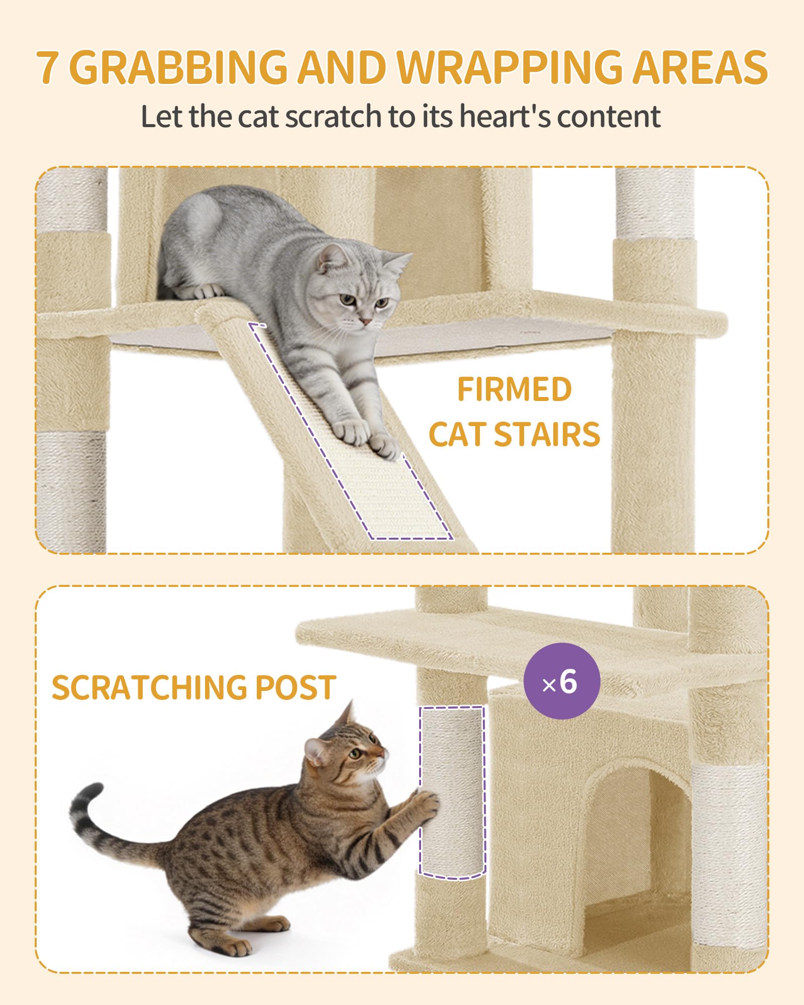 Hzuaneri Albero Tiragraffi Grande per Gatti, Torre per Gatti da Interno 183 cm con 2 Piattaforme, 2 Grotte, Cesta, Amaca e 6 Pali Tiragraffi, Ideale per Maine Coon e Tutte le Razze, Beige, MS18318YL