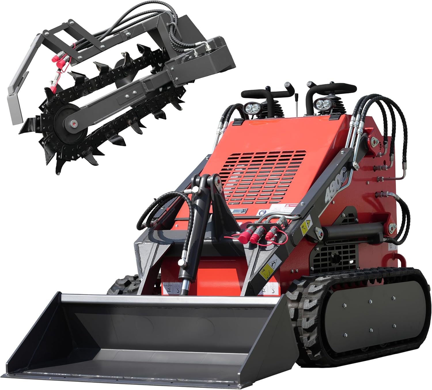 Stand-On Crawler Mini Skid Steer Loader with Trencher and 23 HP Gas Engine and Bucket Attachment, Stock USA