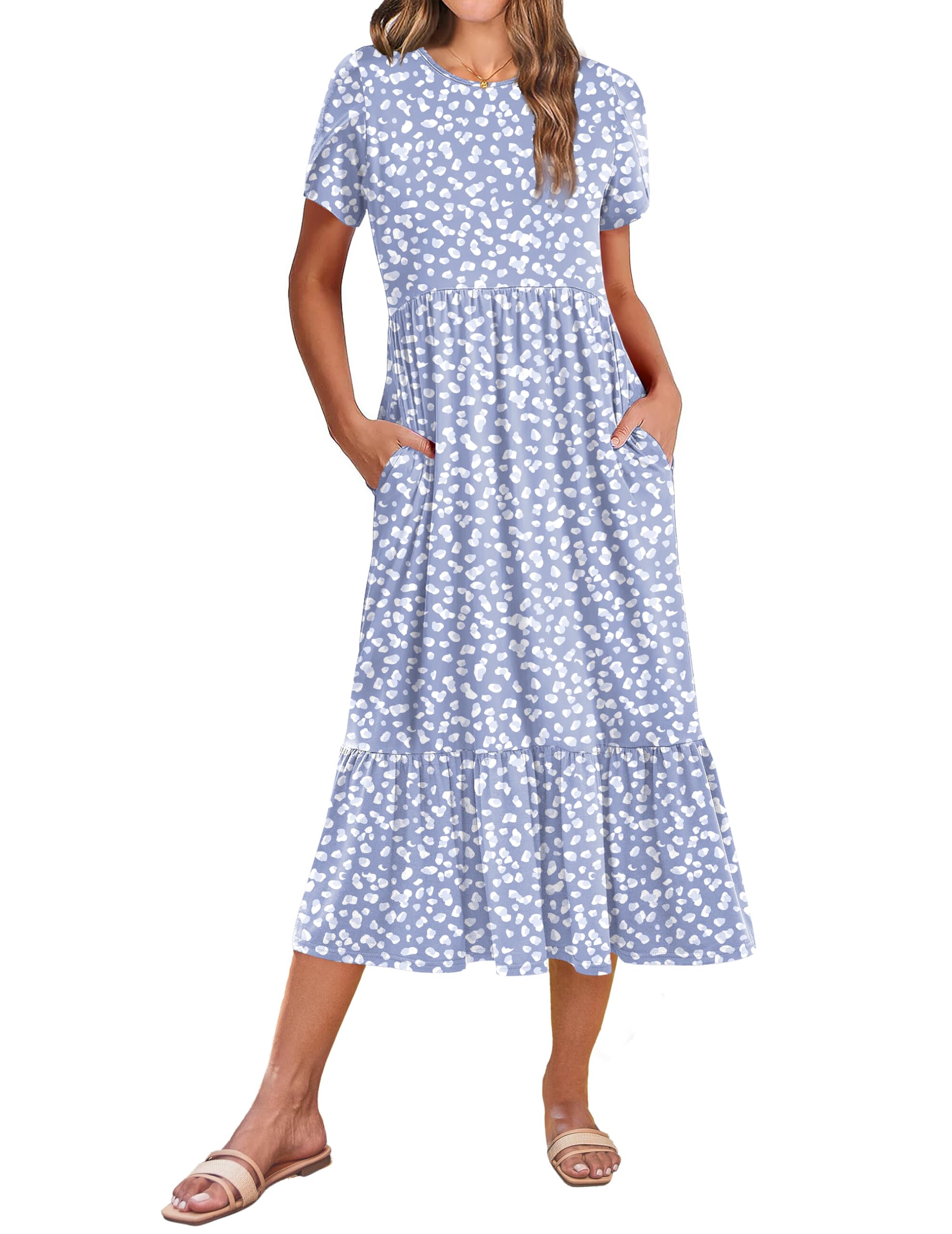 ZEAGOO Vestido Verano Manga Corta Medio-largo para Mujer Vestidos Holgado Cuello Redondo con Bolsillos Bohemio Elegante Vestido S-XXL