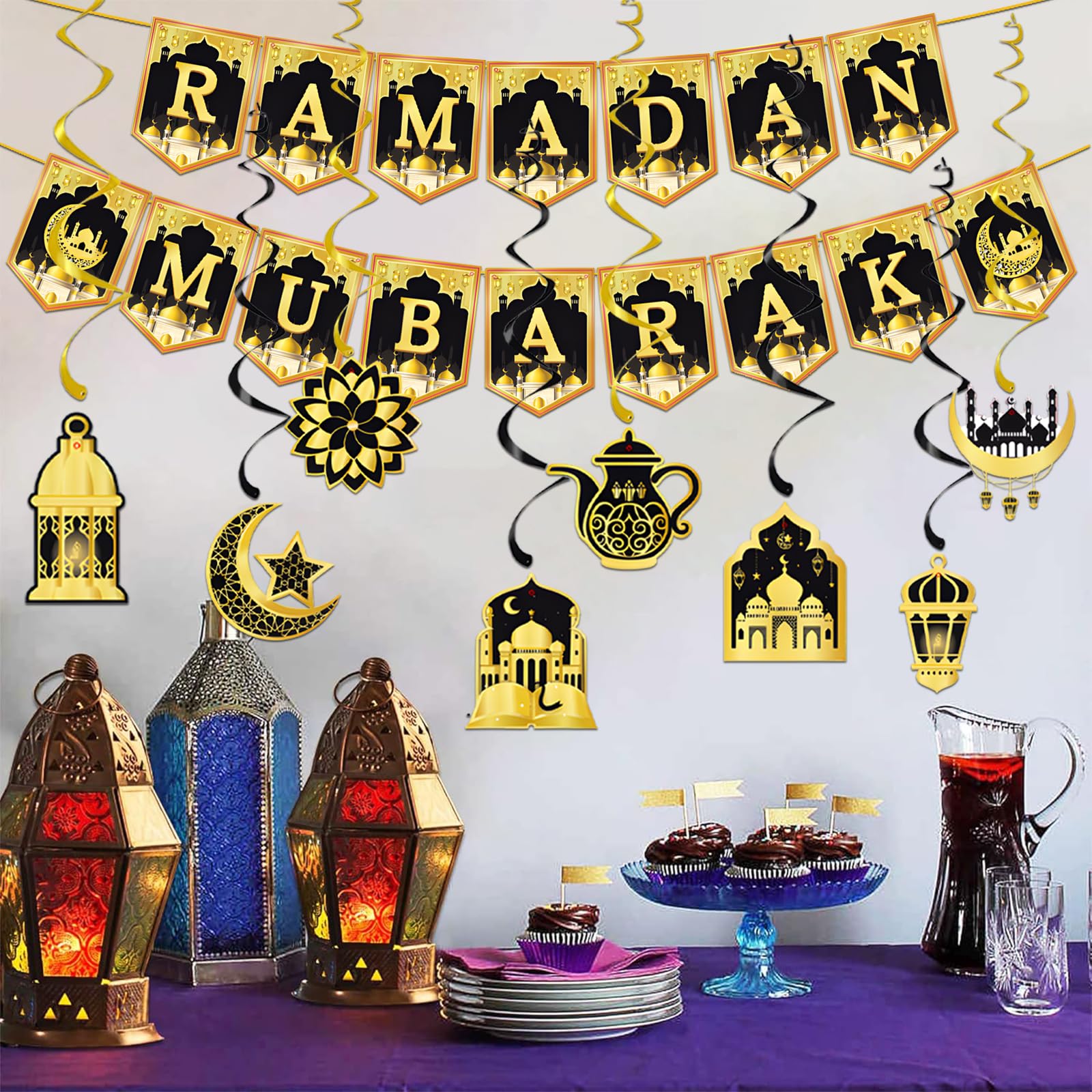 Happium Ramadan Mubarak Banner – Wimpelkette Mit Mond & Stern, Für Ramadan & Eid Dekoration