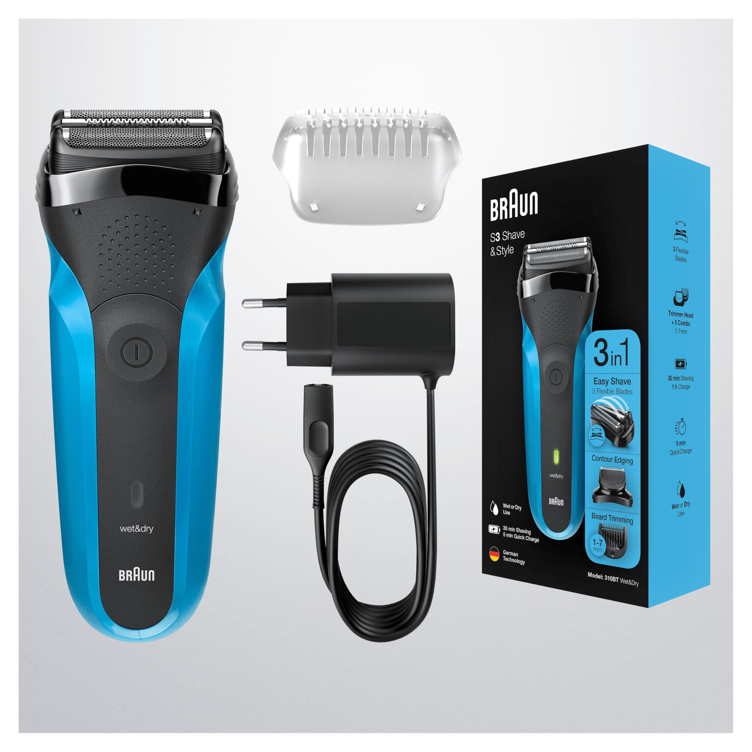 Braun Series 3 Shave&Style 310BT 3-In-1 Rasoio Elettrico Per Barba, Wet&Dry Con Regolabarba Di Precisione E 5 Pettini, Ricaricabile E Senza Fili, Nero/Blu