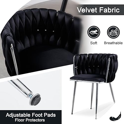 Miniatura 6 de Juego de 4 sillas de comedor de terciopelo, sillas laterales tapizadas tejidas con patas de metal plateado, Sillas de Comedor 4, sillas decorativas