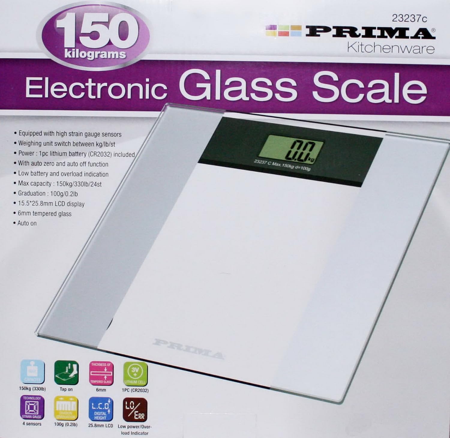 Prima White Glass Scales Digital Display LCD Bathroom Scale Weighing