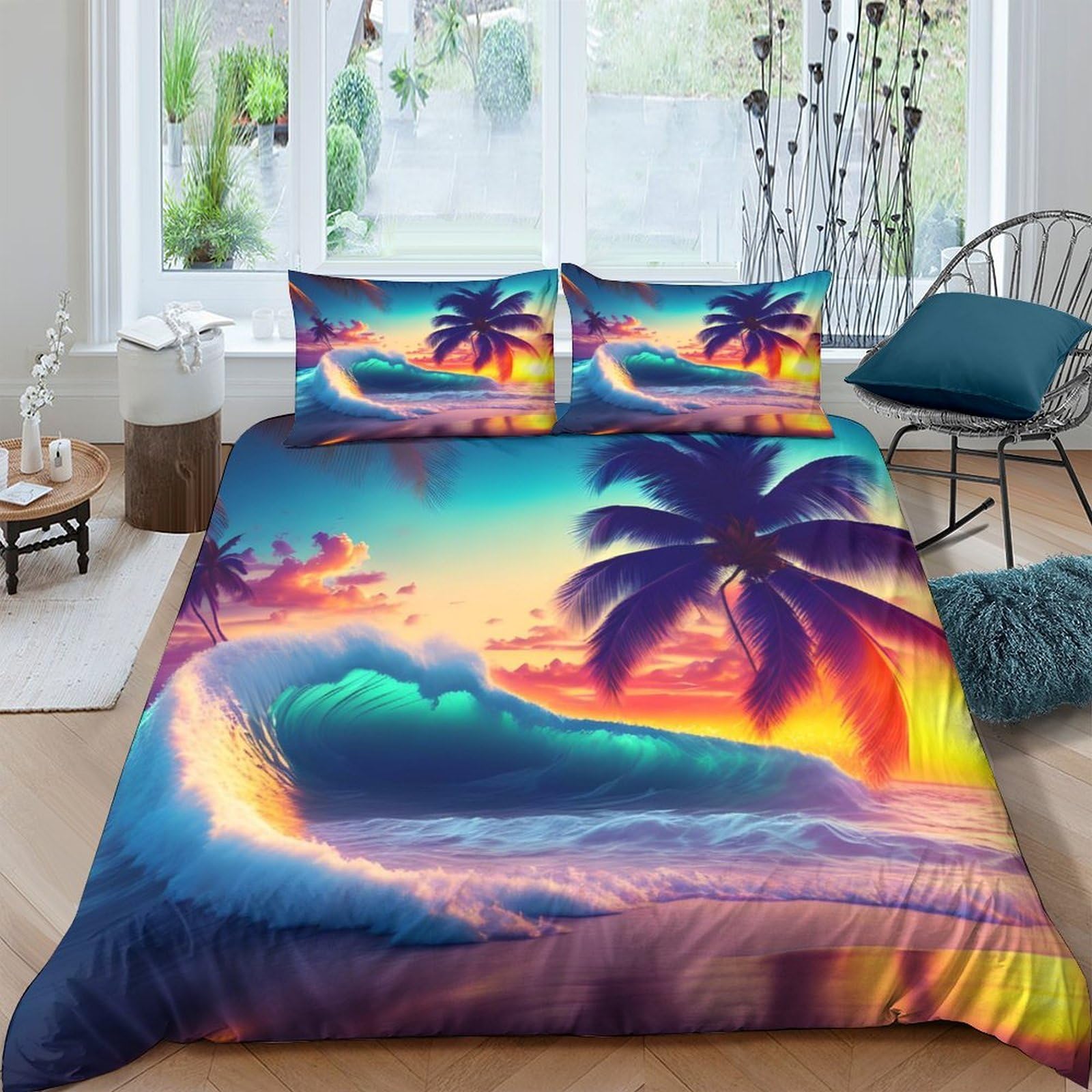 Ctjqhvkz Style-4 3D Printed Tropical Sunset Fitted Sheet Microfiber Soft Palm Beach Wave Mattress Cover For Bedroom Dorm Decor Single（135X200cm）