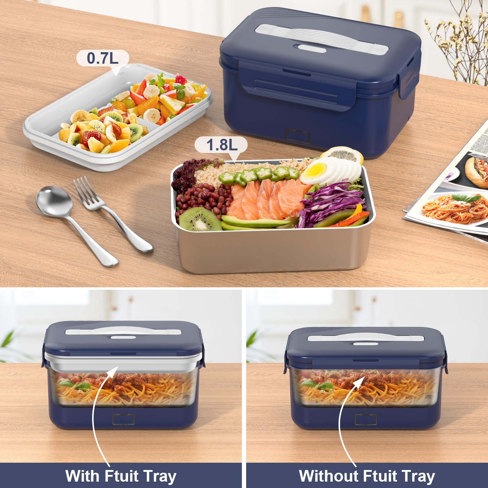 Vabaso 100W Electric Lunch Box for Adults with Insulated Lunch Bag Spoon and Fork, Heated Lunch Box with Fruit Compartments - Image 4