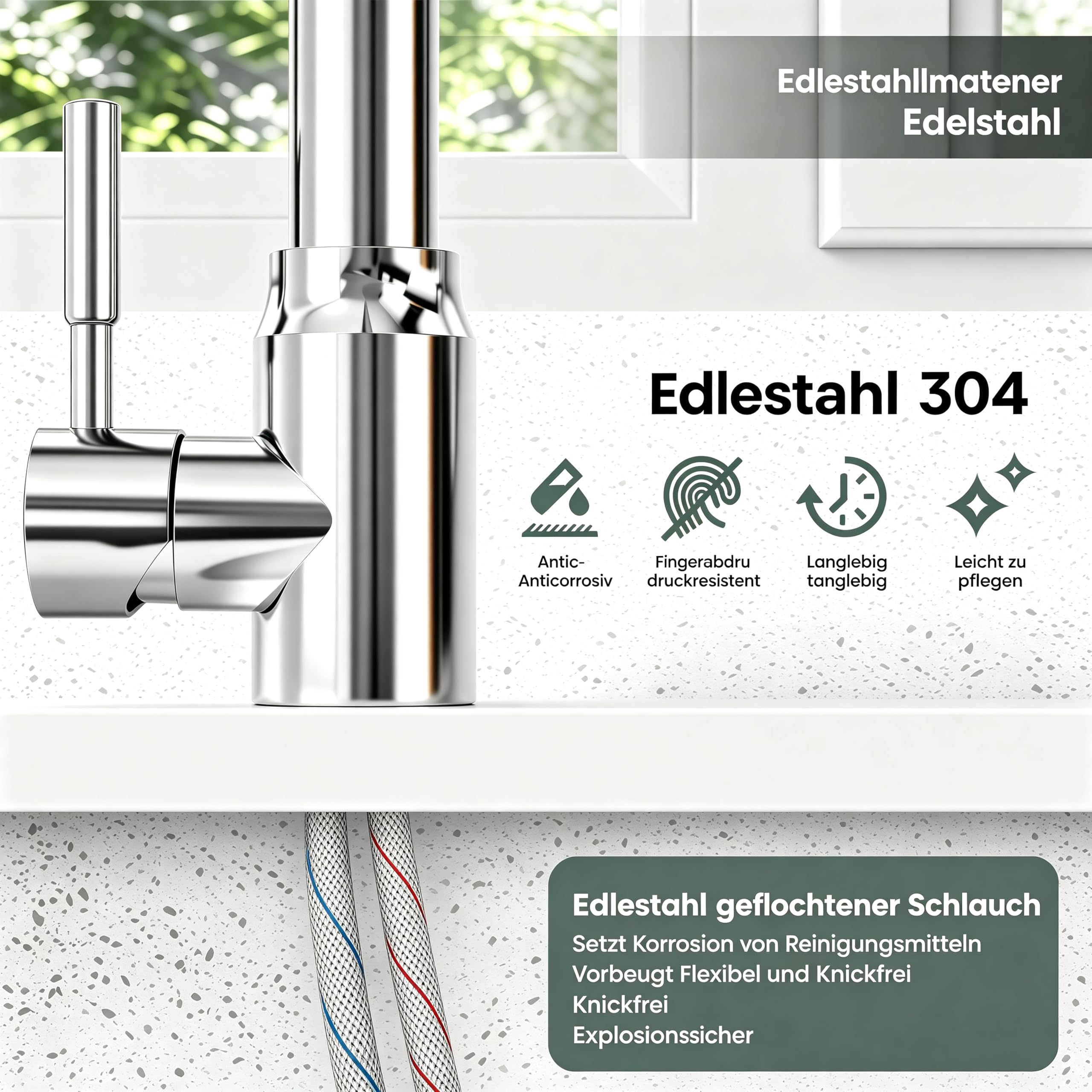 Einhebel-Küchenarmatur aus Edelstahl (Grohe-Style), Hochglanz-Chrom-Oberfläche (Silber) – inkl. Montagezubehör, kompatibel mit britischen Standardanschlüssen (Drahtumwickelt, Silber)