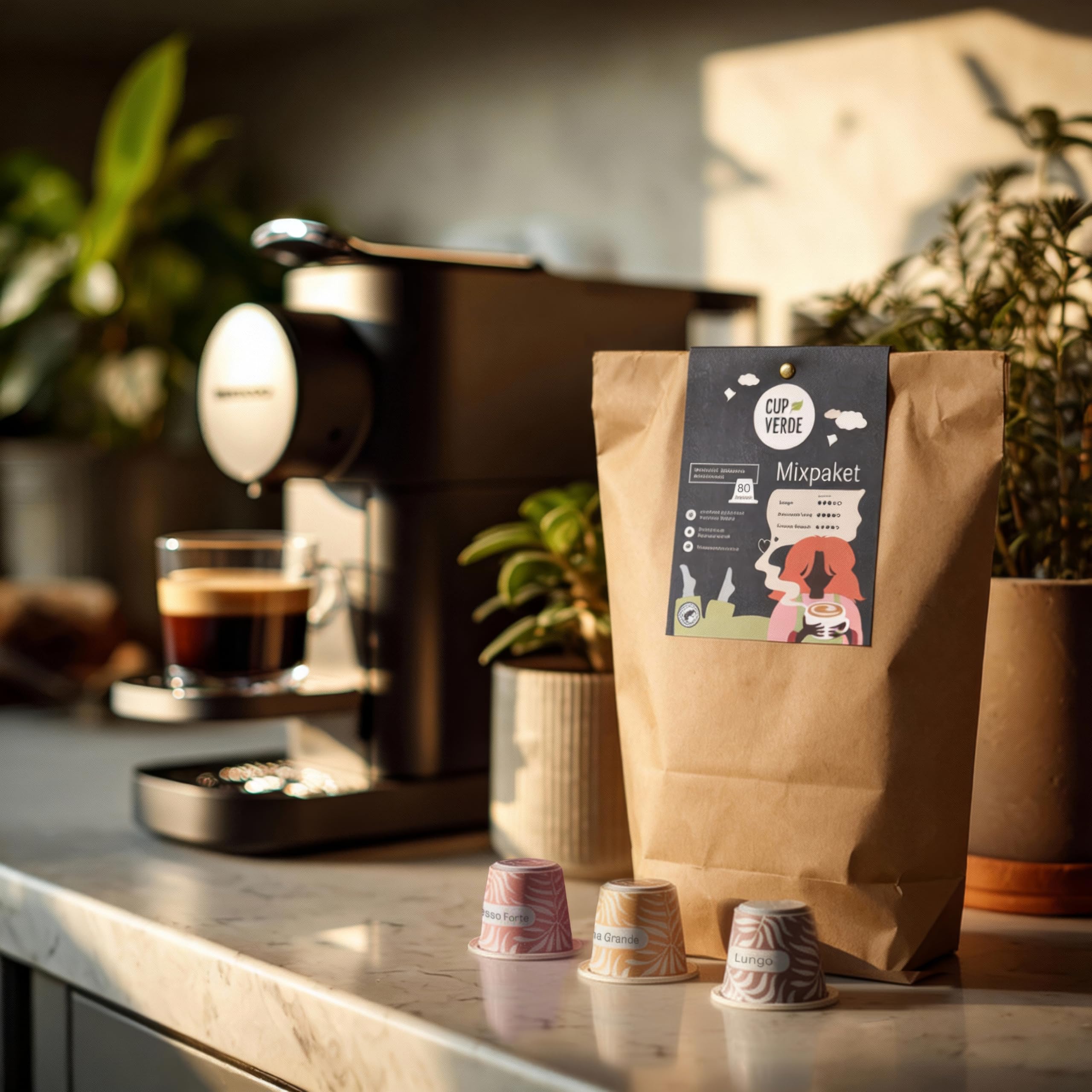 CUP VERDE Mixpaket 80 Kaffeekapseln kompatibel mit Nespresso® 3 Sorten: Crema Grande, Lungo & Espresso Forte – Heimkompostierbar – 100% Arabica aus schonender Trommelröstung