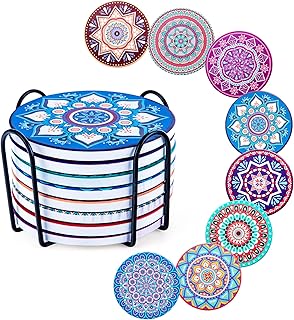 GARMEE Set 8 Sottobicchieri Per Bevande, Sottobicchieri In Ceramica Mandala, Sottobicchieri Assorbenti Con Supporto, Sottobicchiere In Pietra Con Base In Sughero, Regalo Per Inaugurazione Della Casa